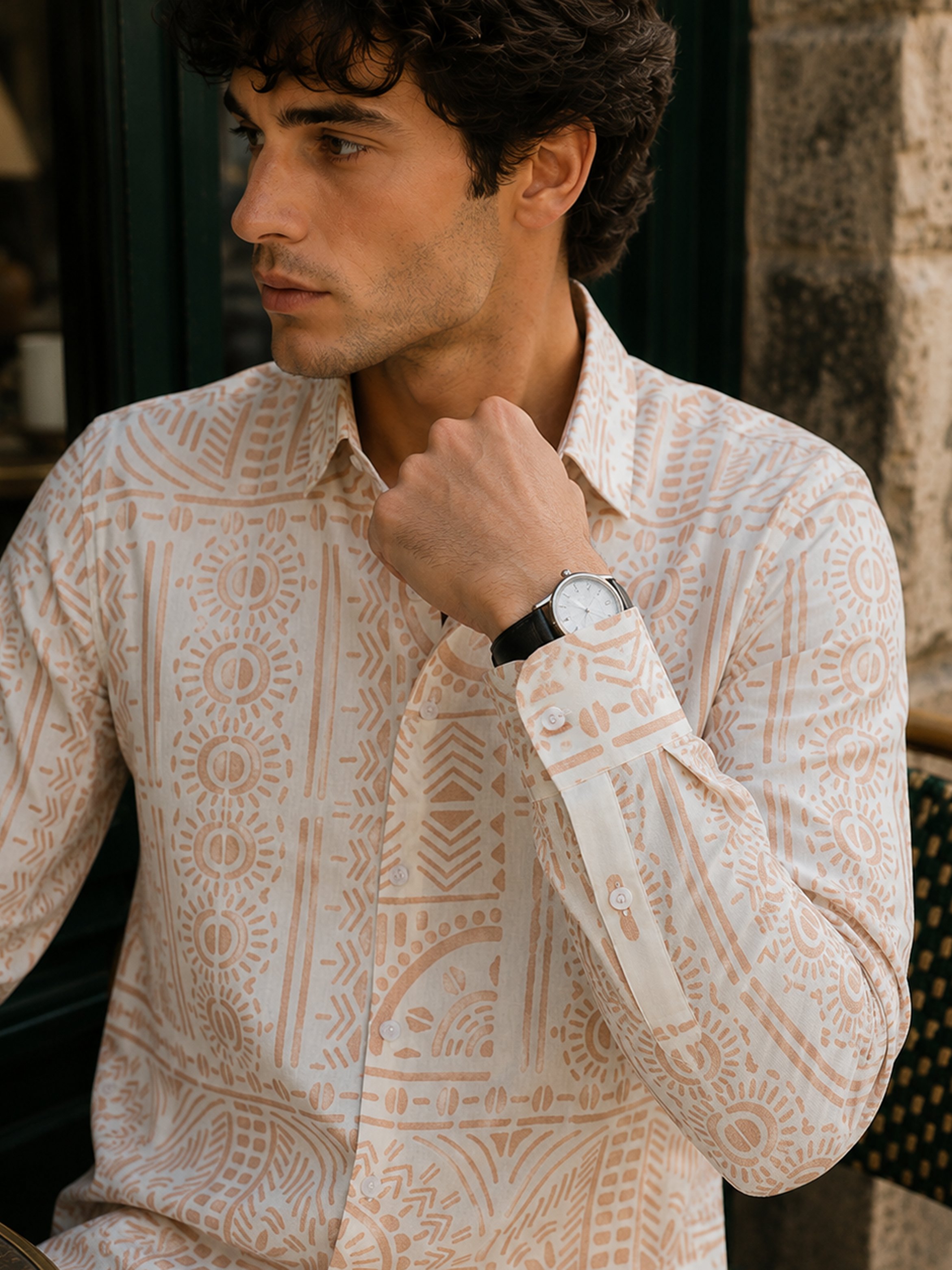 Beige Printed Long Sleeves Regular Shirt