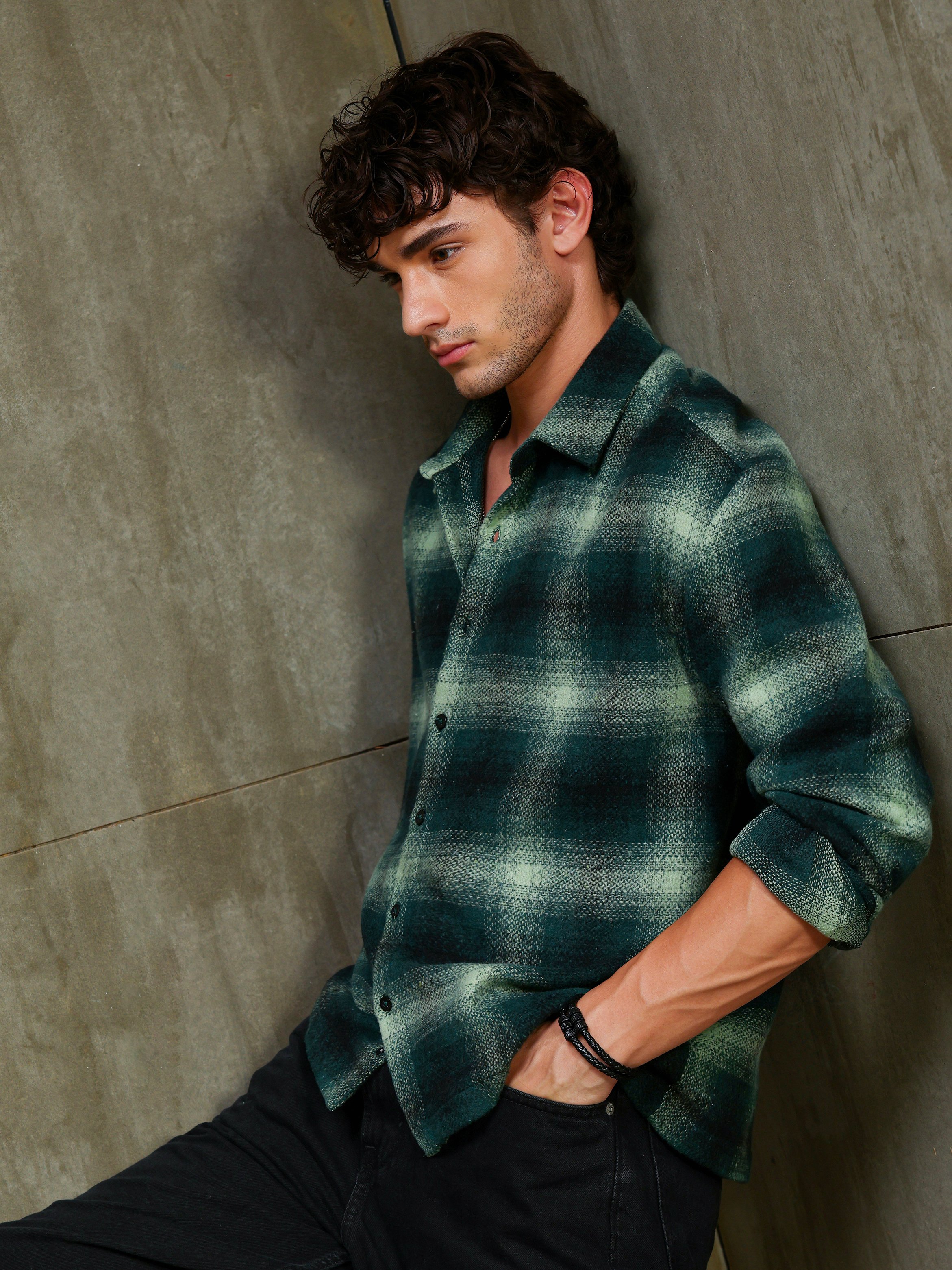 Dark Green Checked Long Sleeves Regular Shirt