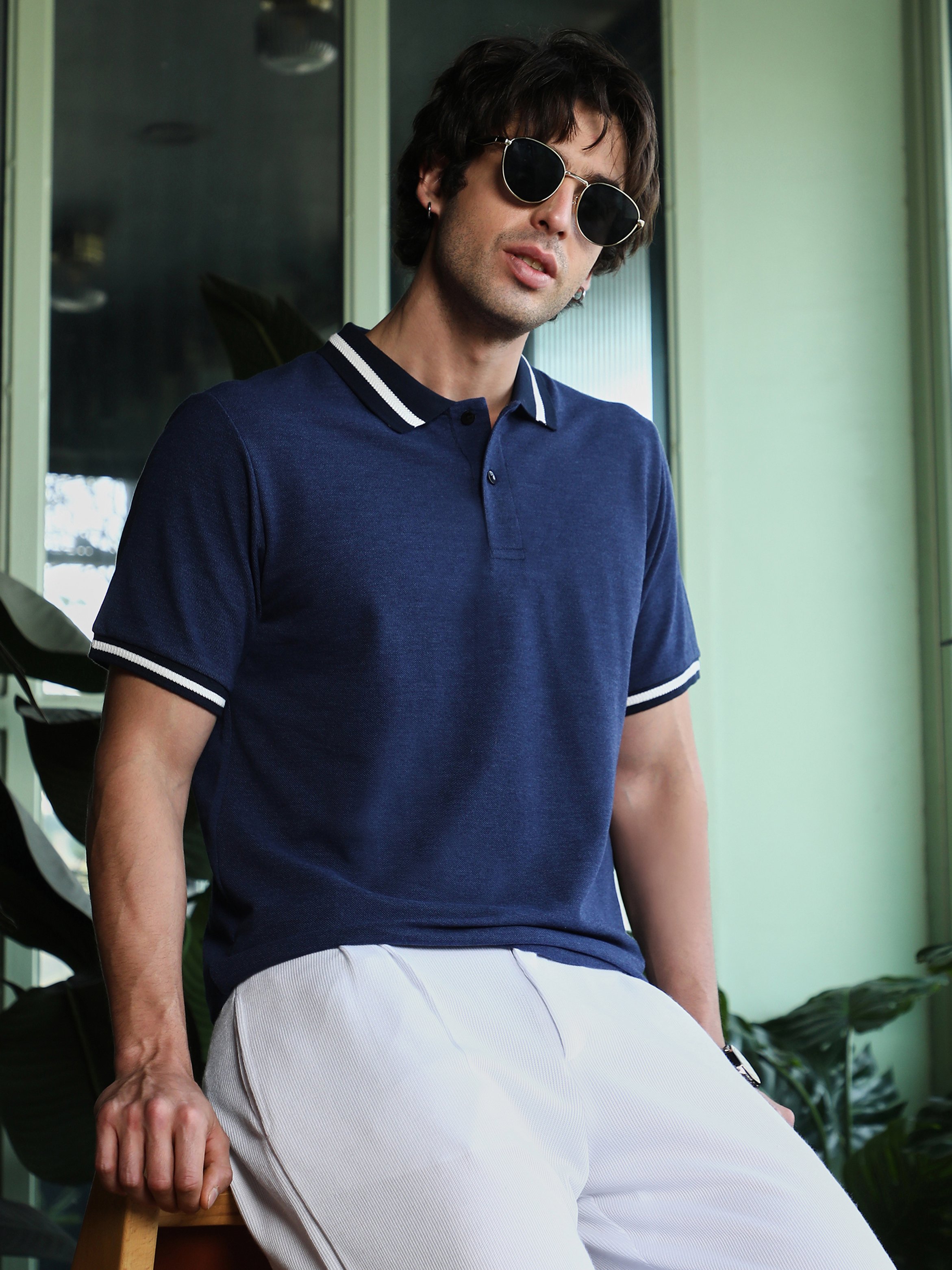 Navy Blue Solid Polo Neck Regular T-Shirt