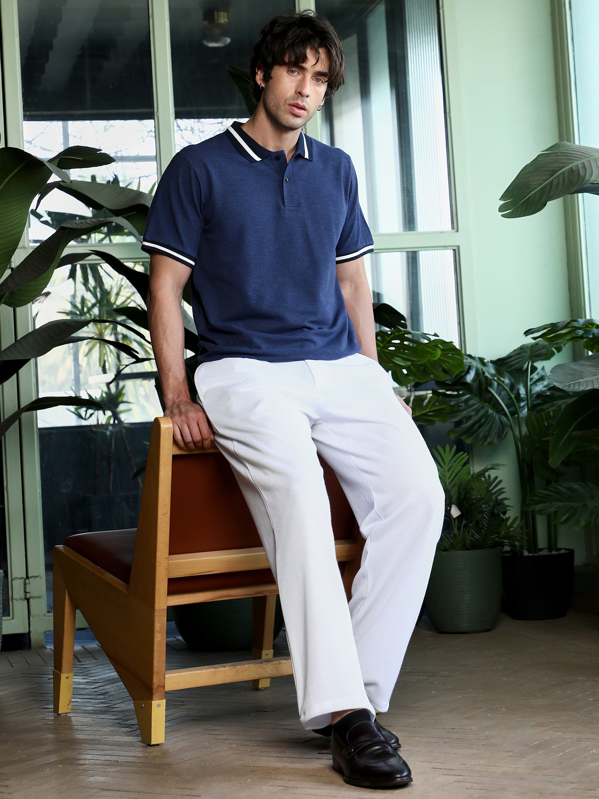 Navy Blue Solid Polo Neck Regular T-Shirt