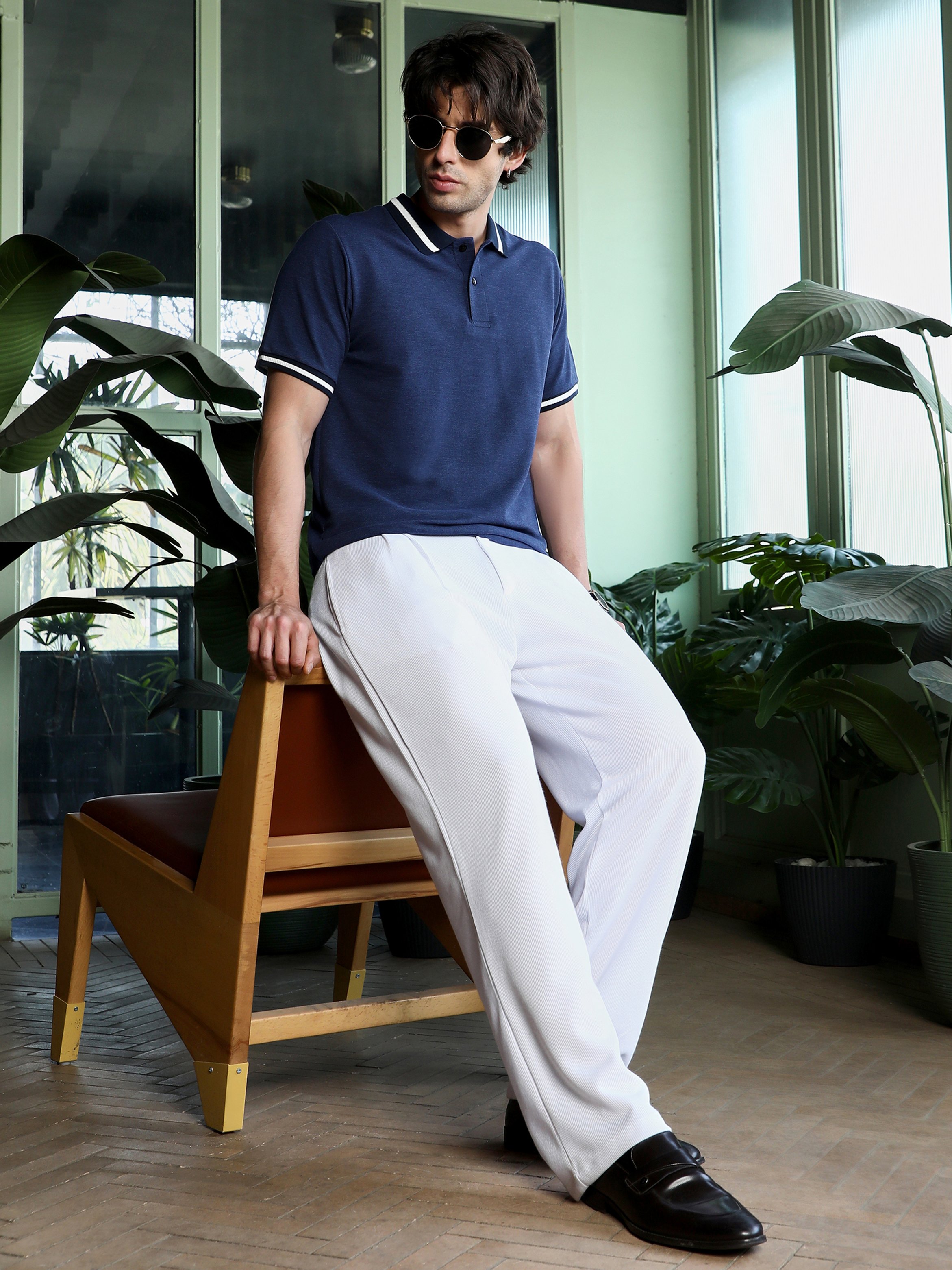 Navy Blue Solid Polo Neck Regular T-Shirt