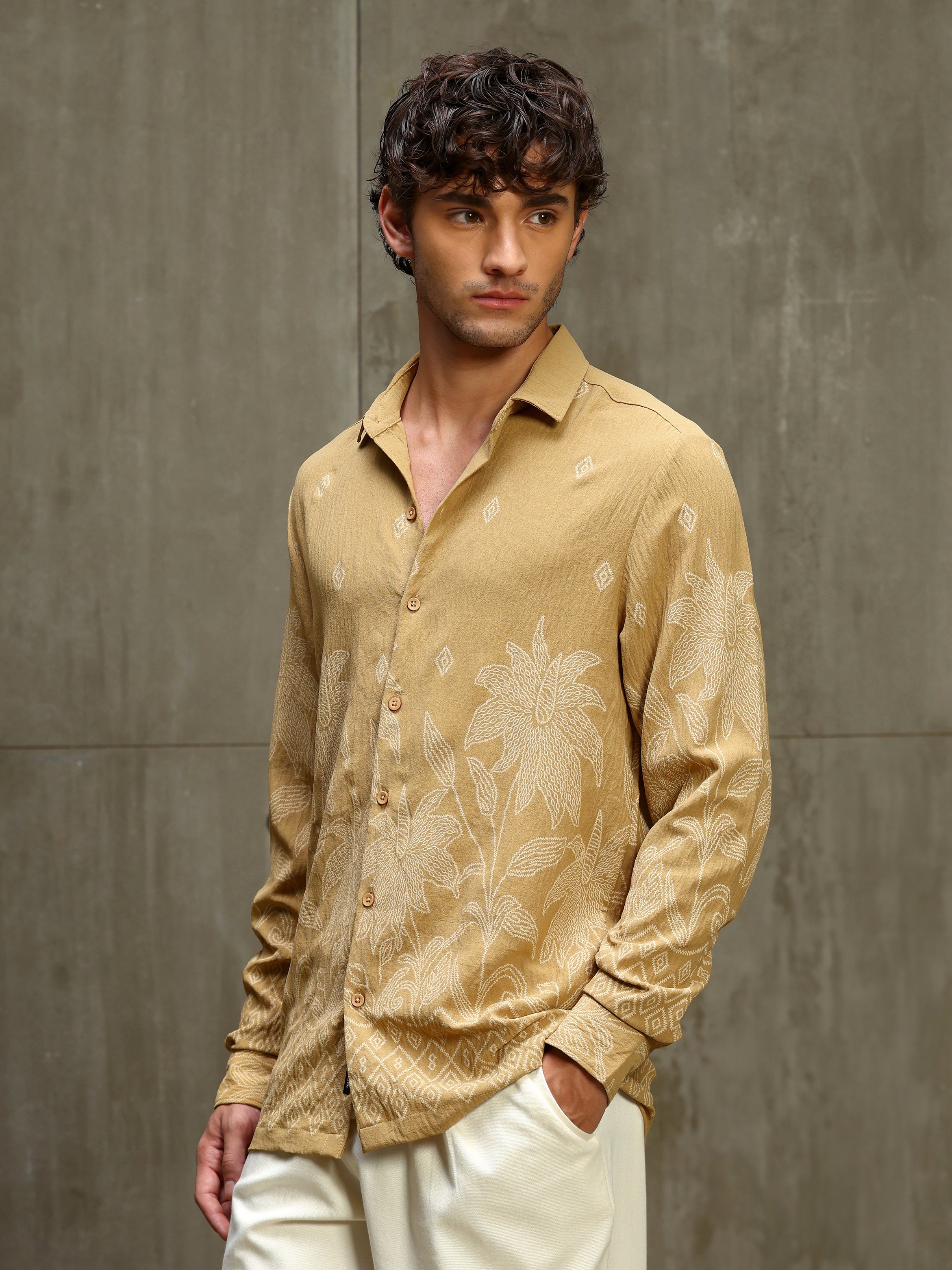 Brown Printed Long Sleeves Shirt