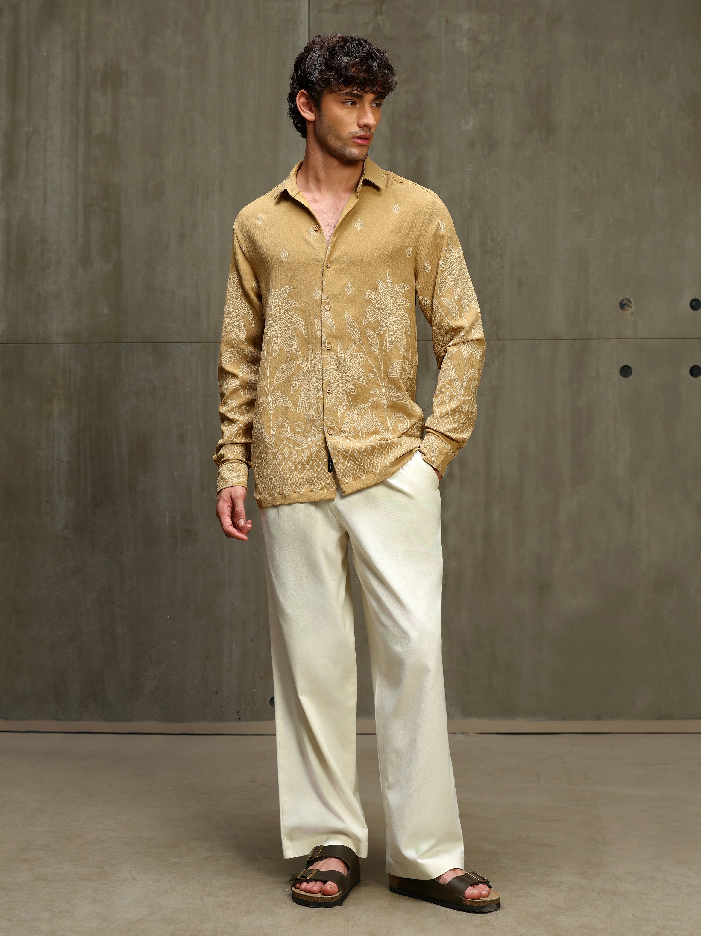 Brown Printed Long Sleeves Shirt