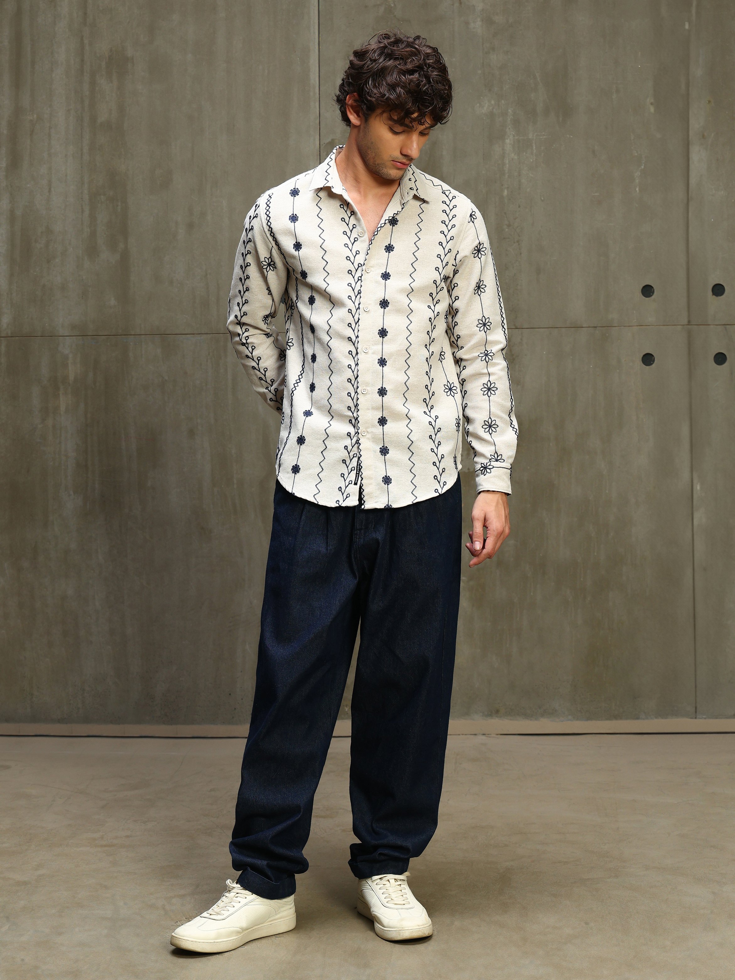 Off White Embroidered Long Sleeves Regular Shirt