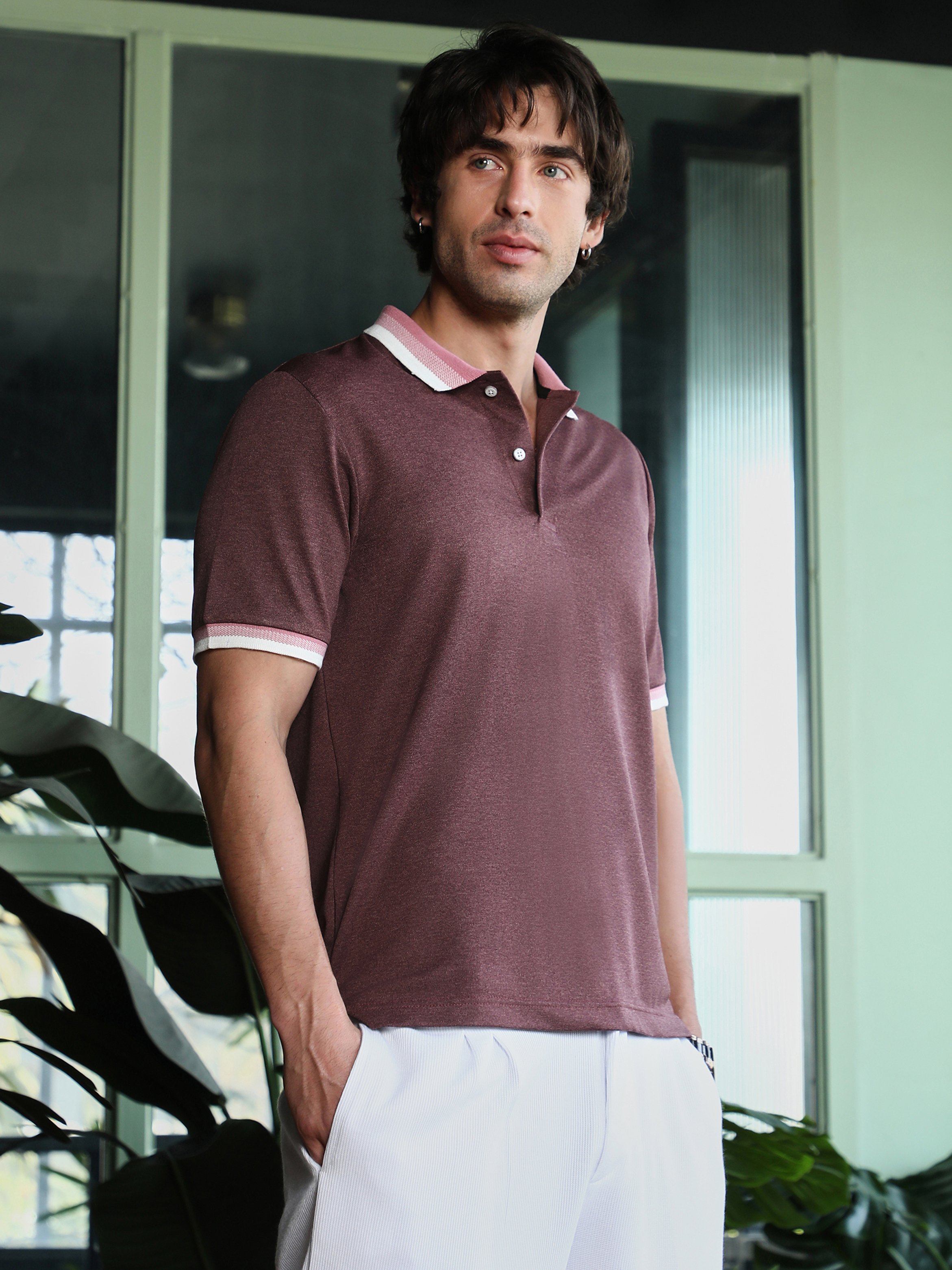 Coffee Brown Color Block Collared Regular T-Shirt