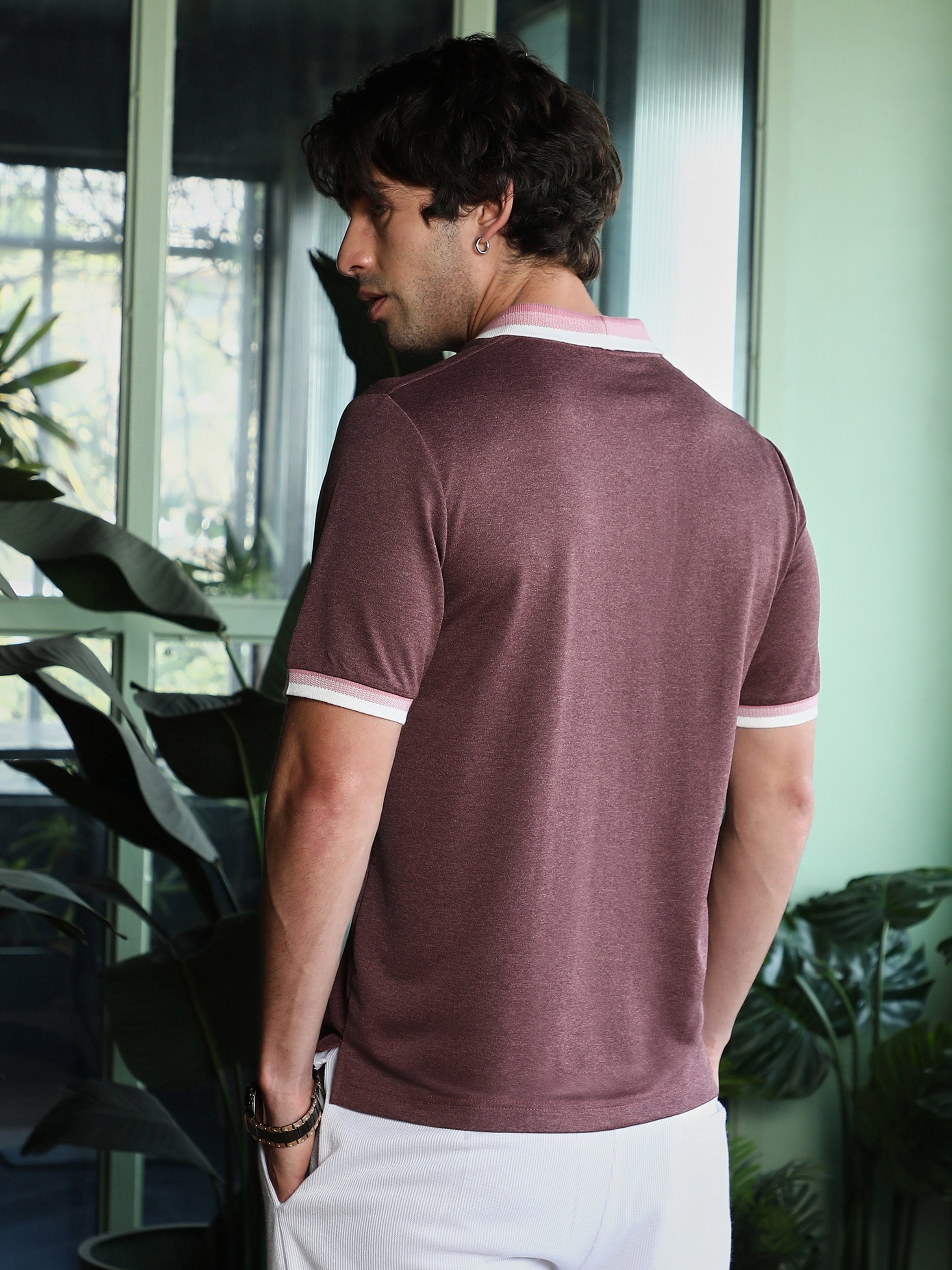 Coffee Brown Color Block Collared Regular T-Shirt