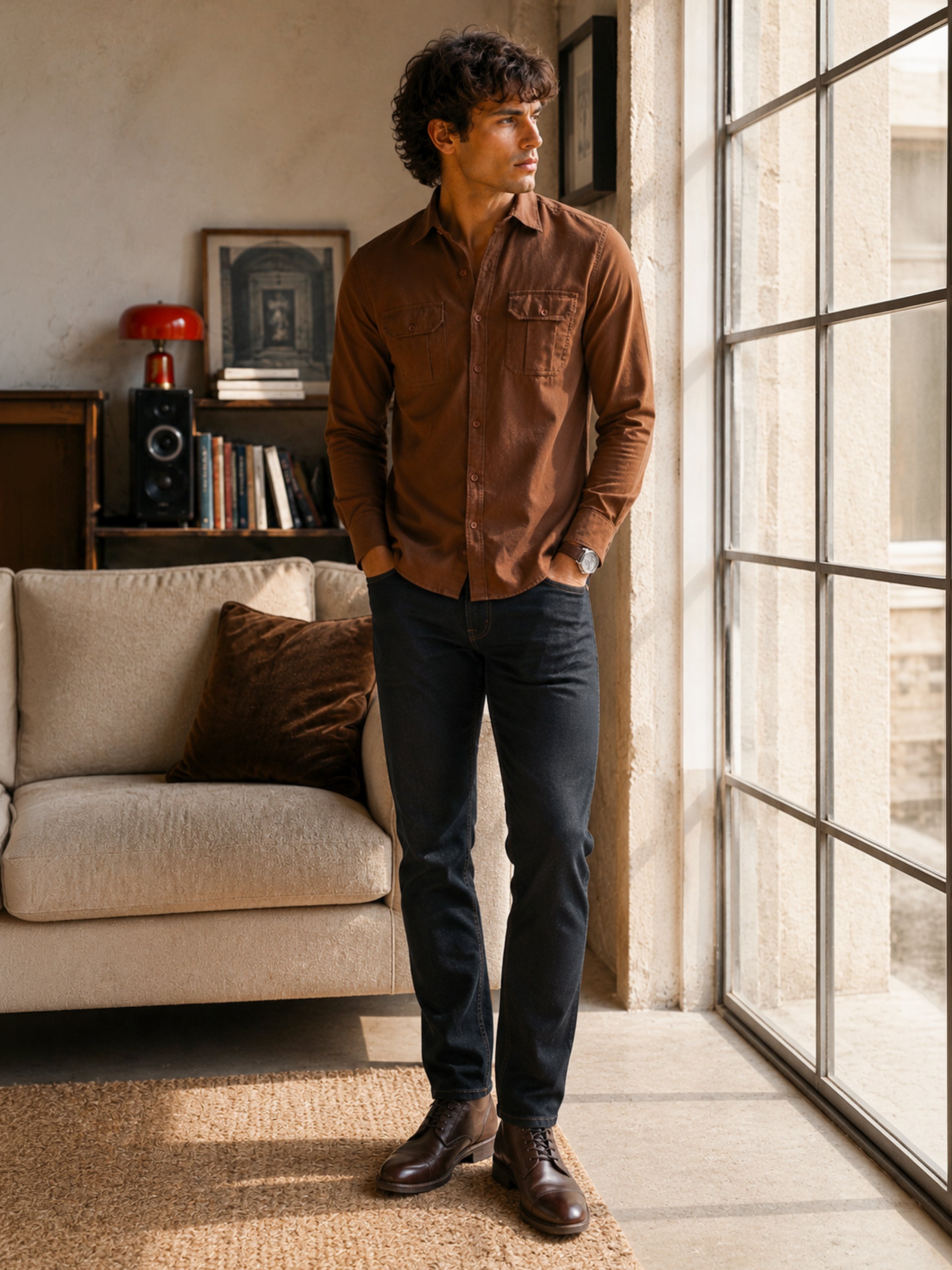 Brown Solid Long Sleeves Regular Shirt