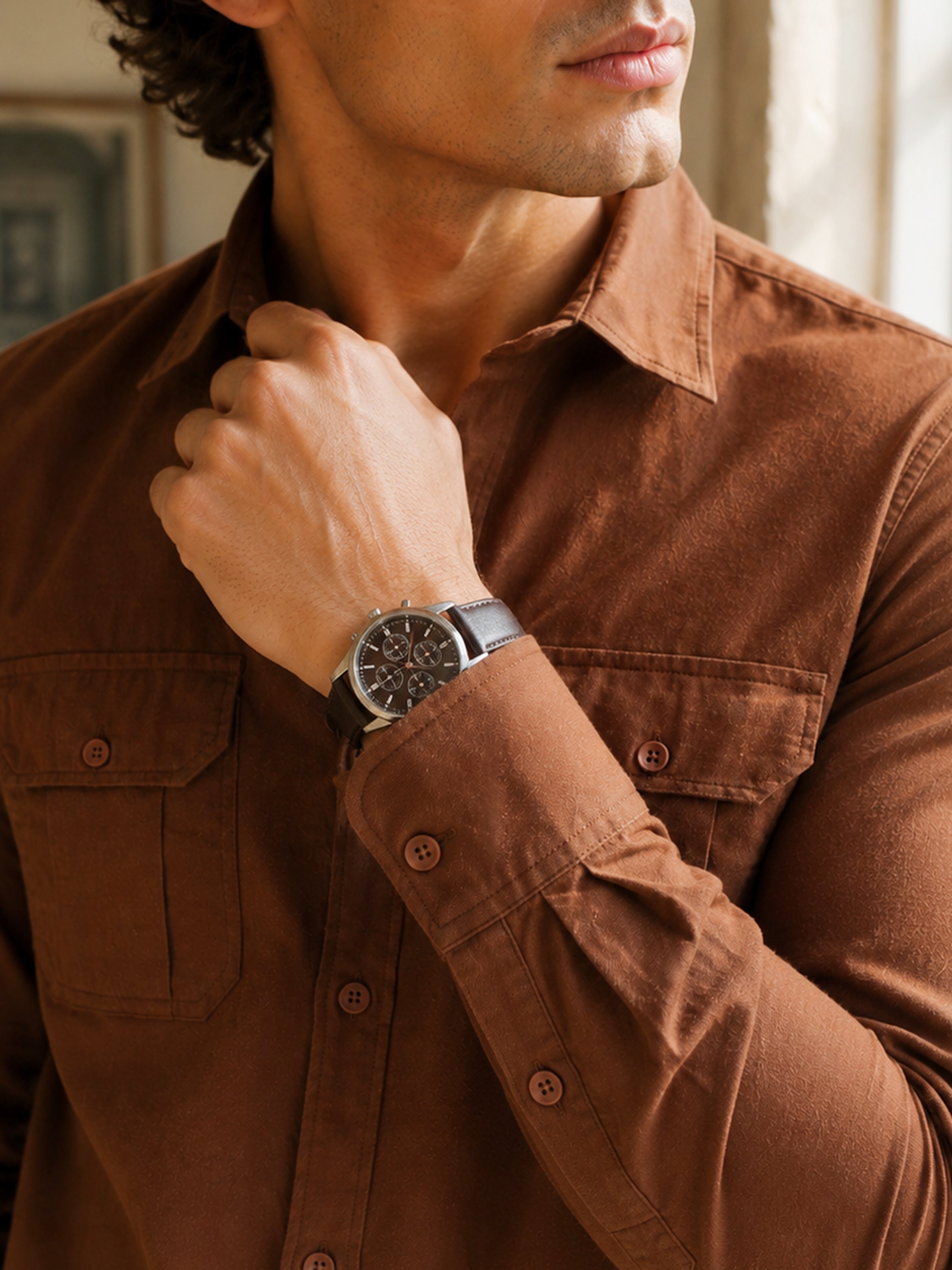 Brown Solid Long Sleeves Regular Shirt