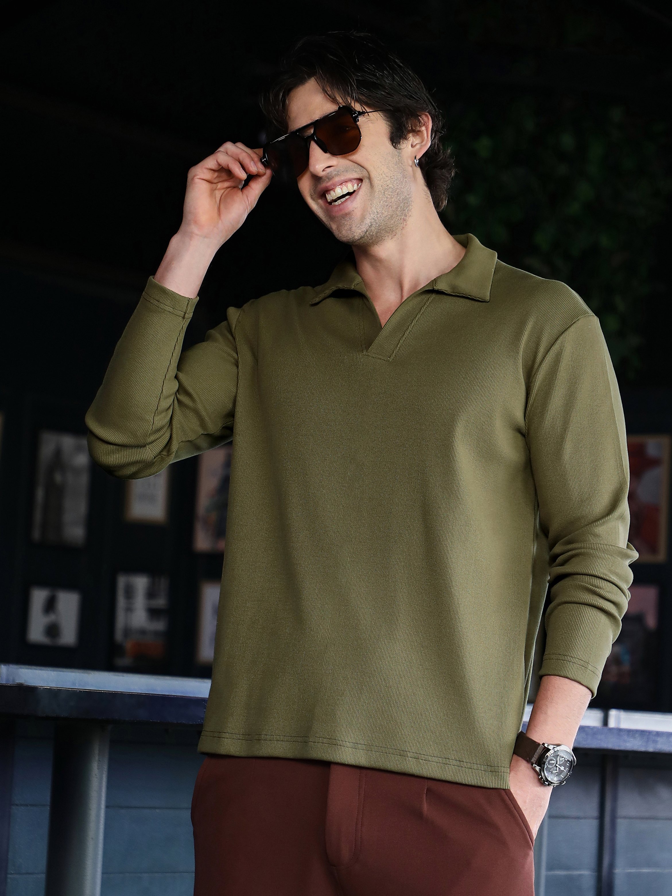Olive Solid Polo Neck Relaxed T-Shirt
