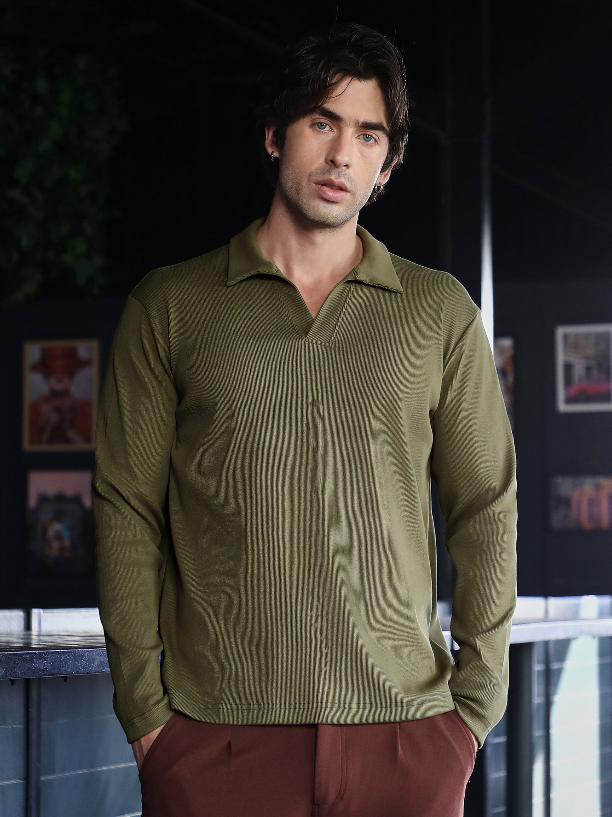 Olive Solid Polo Neck Relaxed T-Shirt