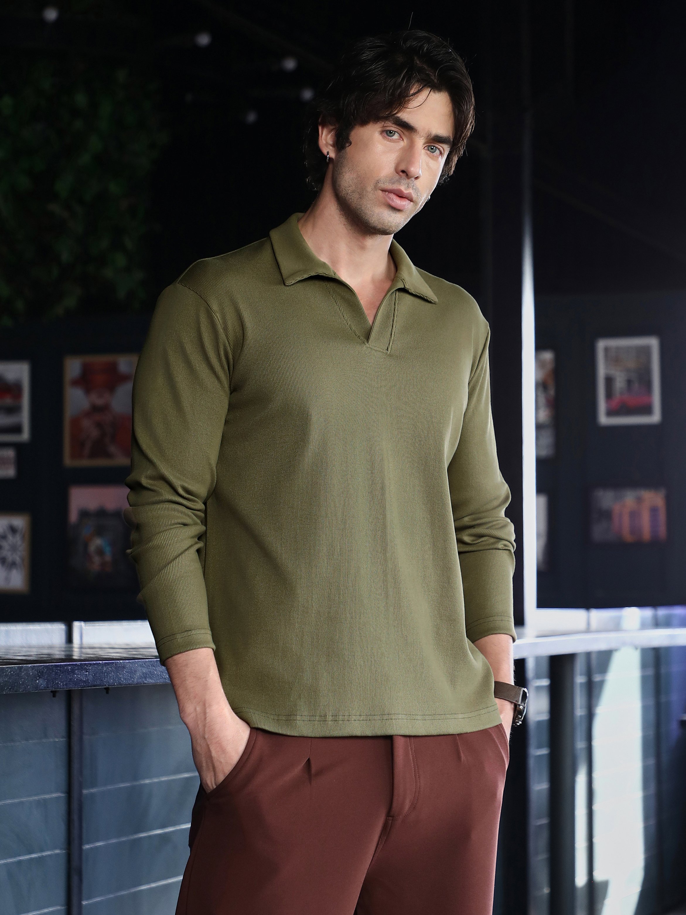 Olive Solid Polo Neck Relaxed T-Shirt