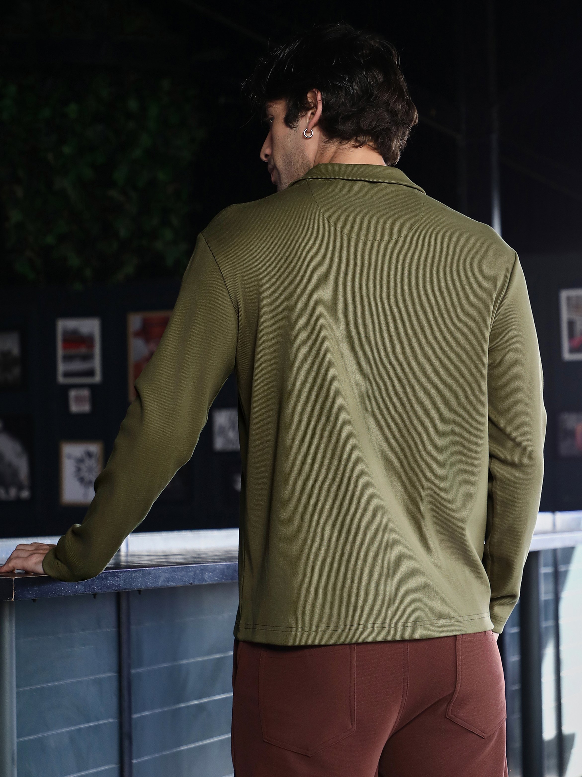 Olive Solid Polo Neck Relaxed T-Shirt