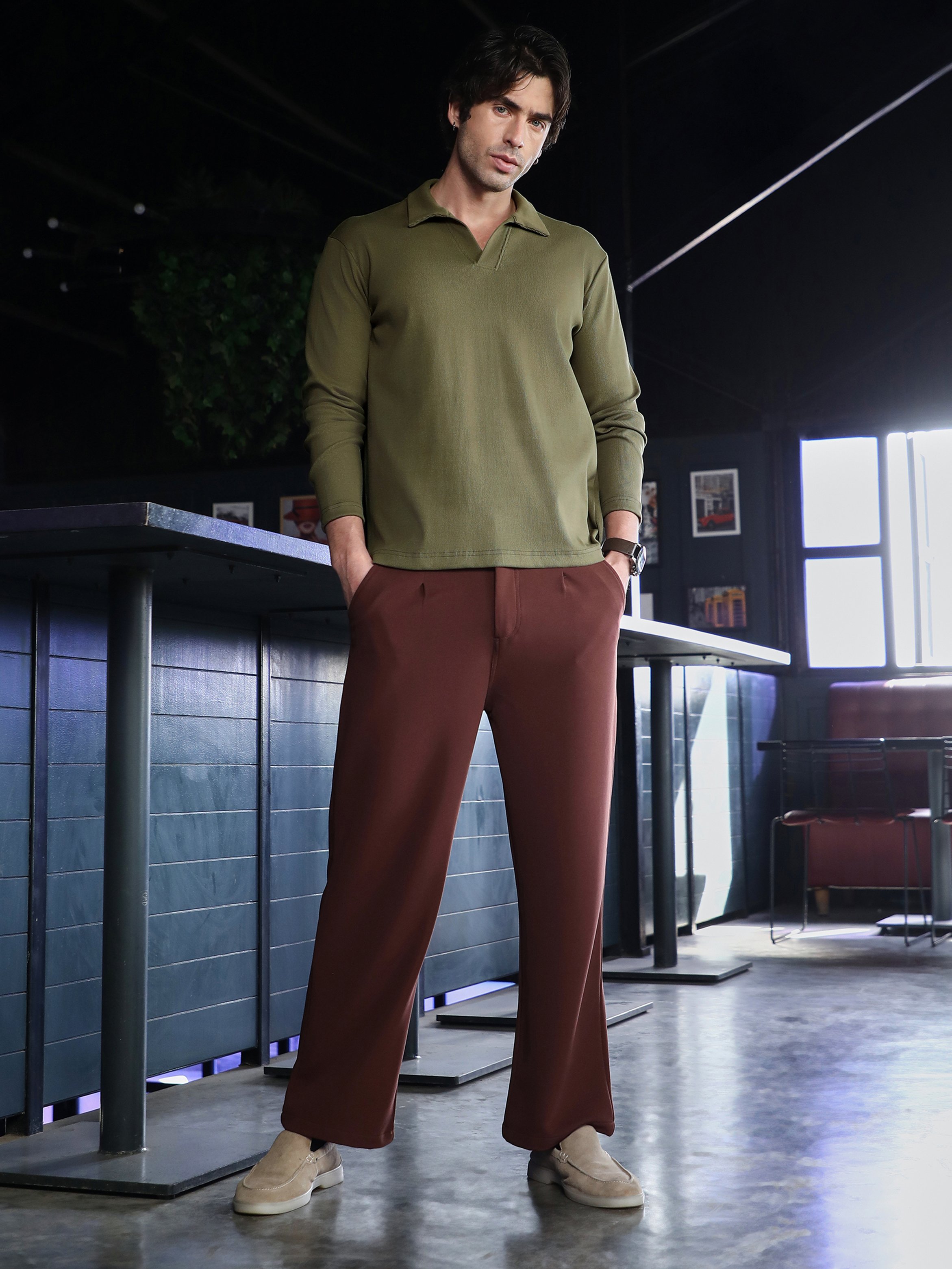 Olive Solid Polo Neck Relaxed T-Shirt