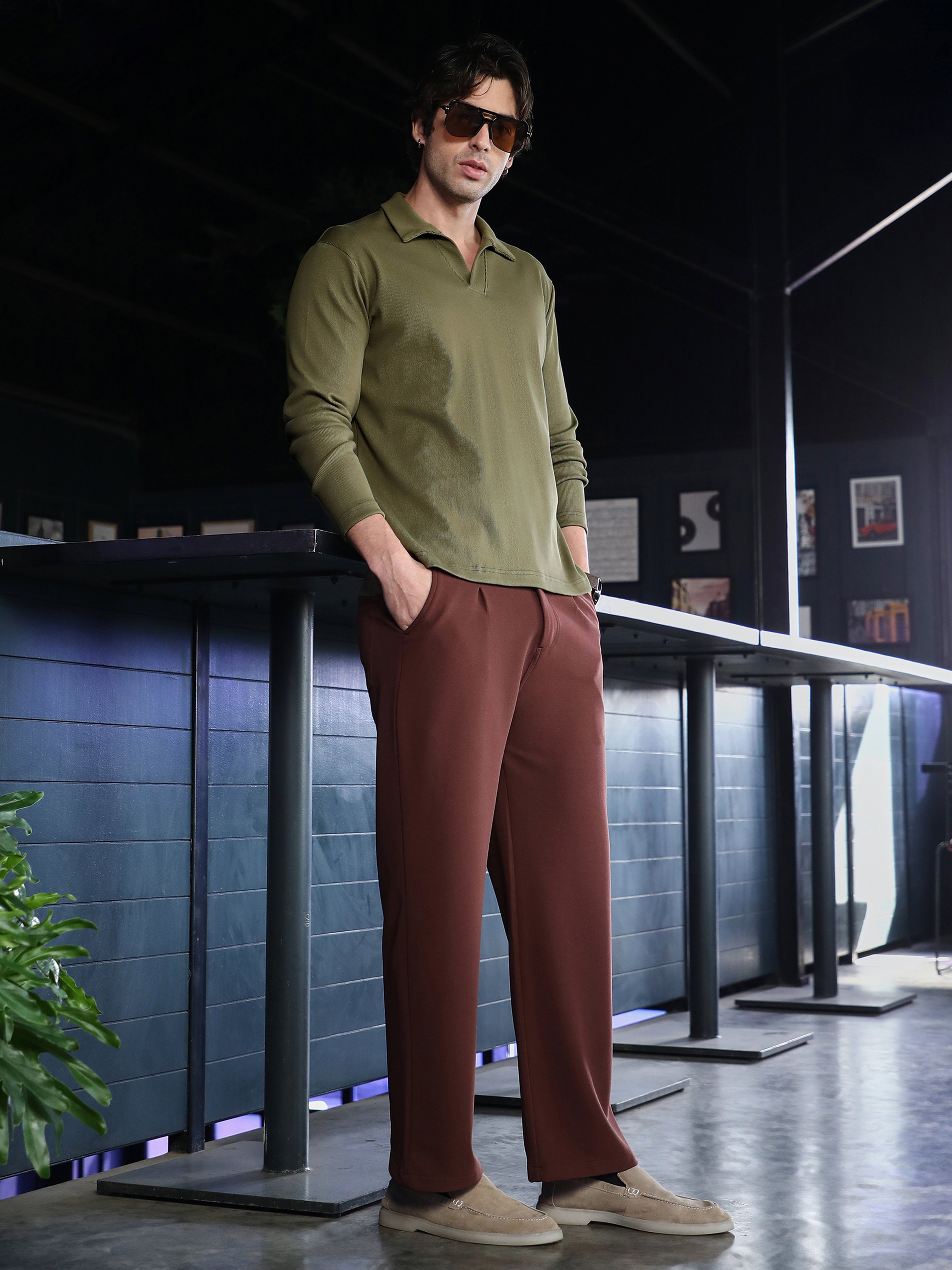 Olive Solid Polo Neck Relaxed T-Shirt