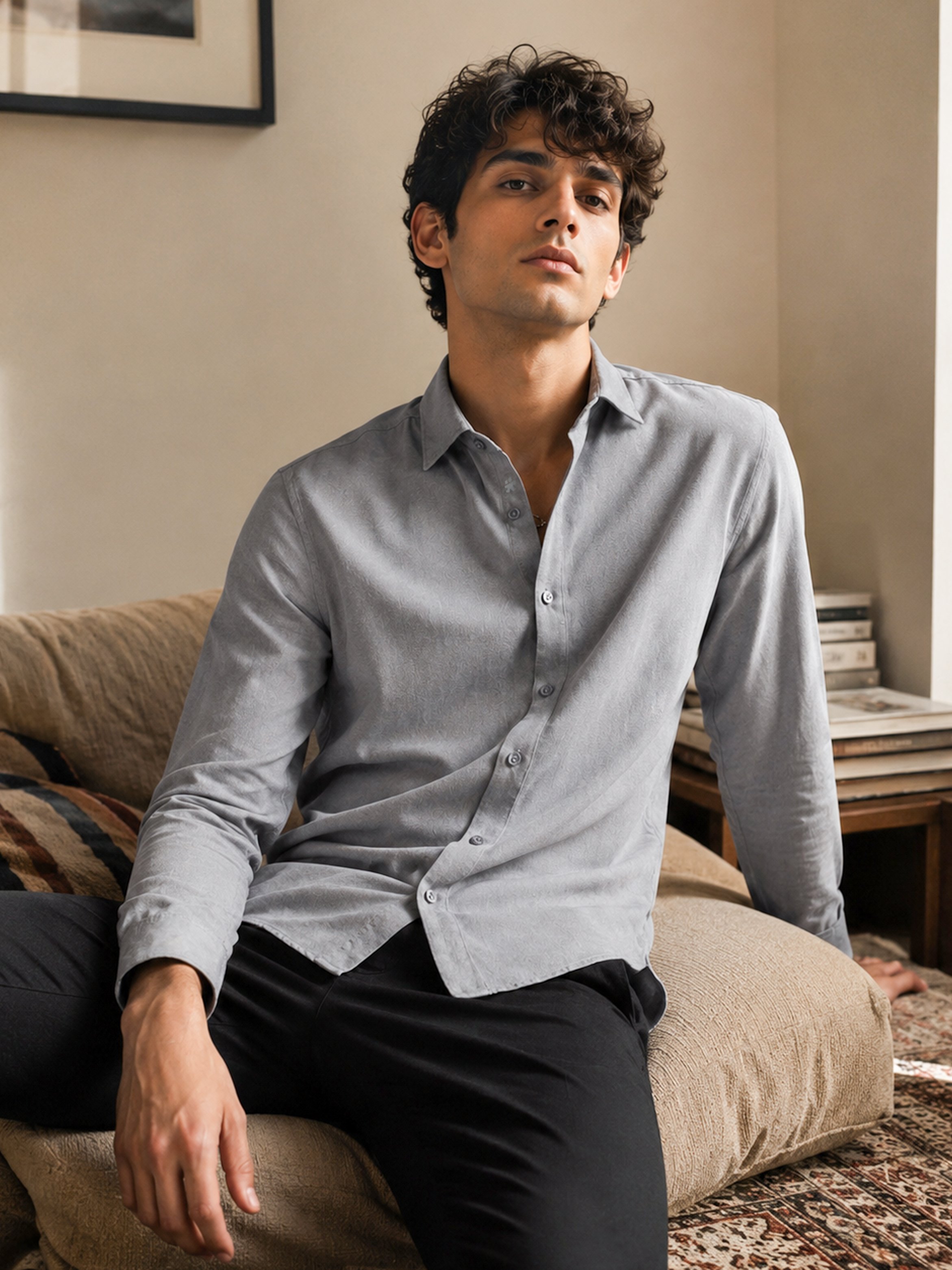 Grey Self Design Regular Shirt