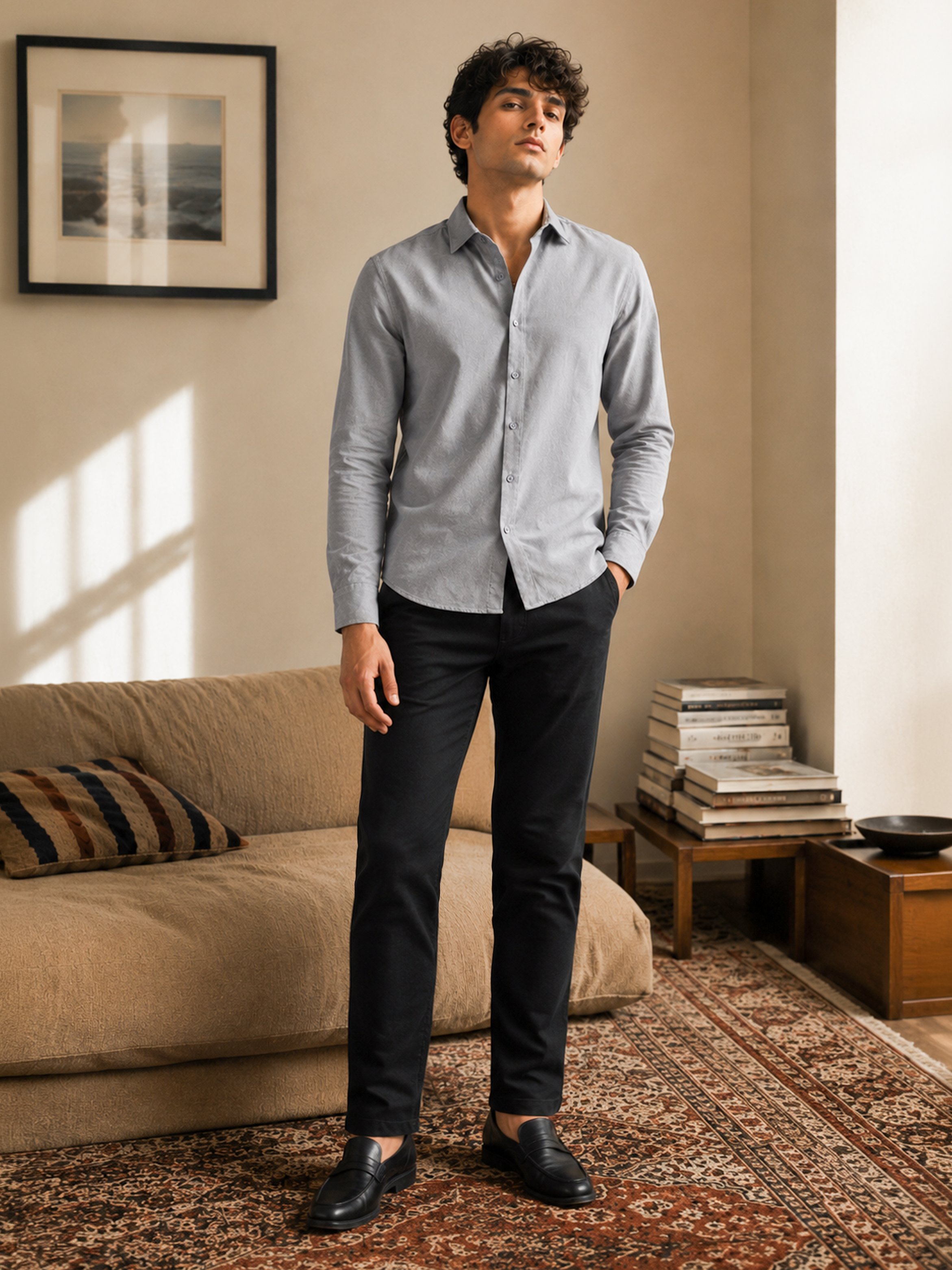 Grey Self Design Regular Shirt