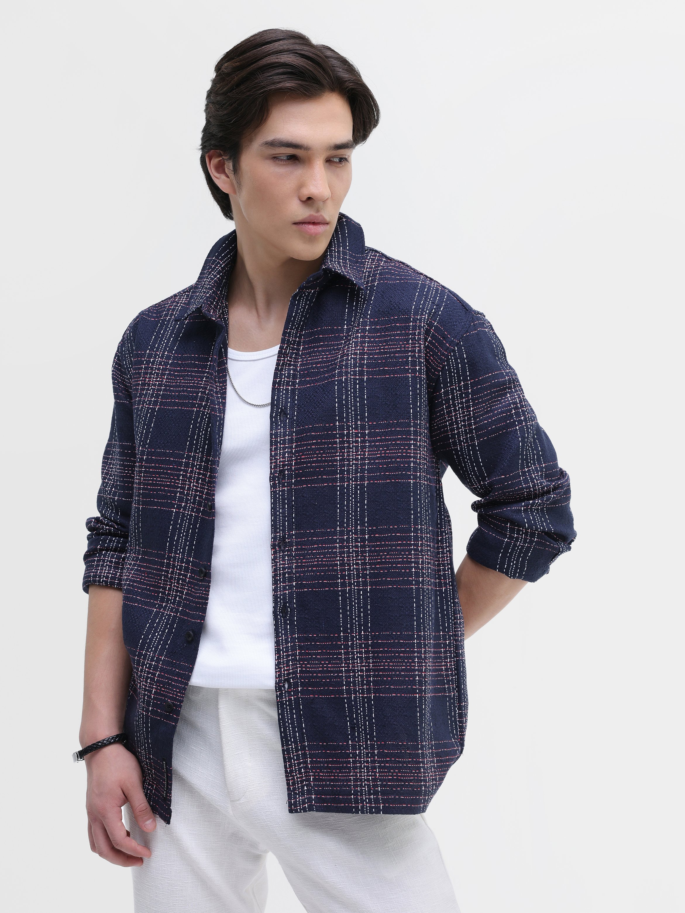 Navy Blue Checked Long Sleeves Regular Shirt