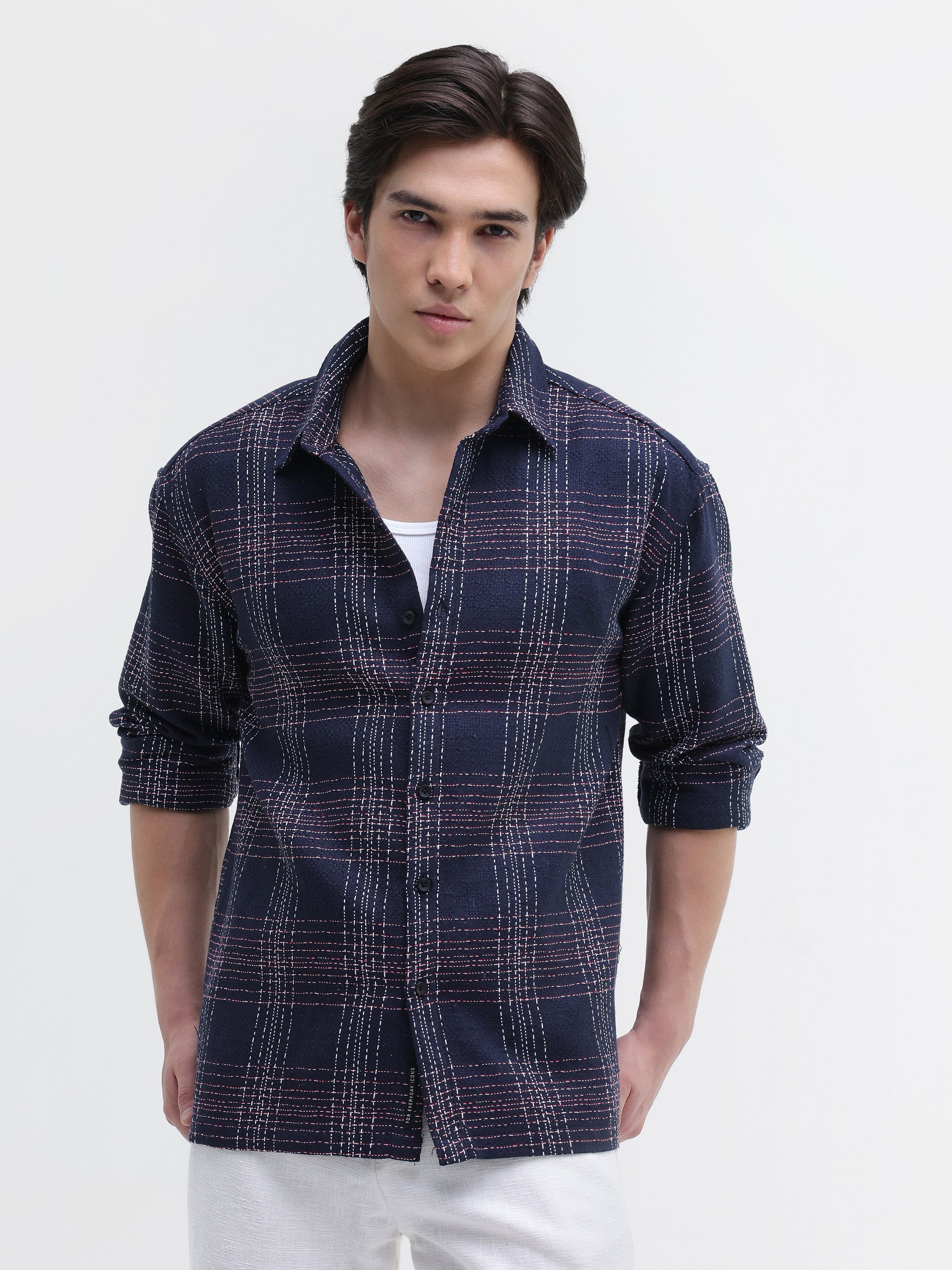 Navy Blue Checked Long Sleeves Regular Shirt