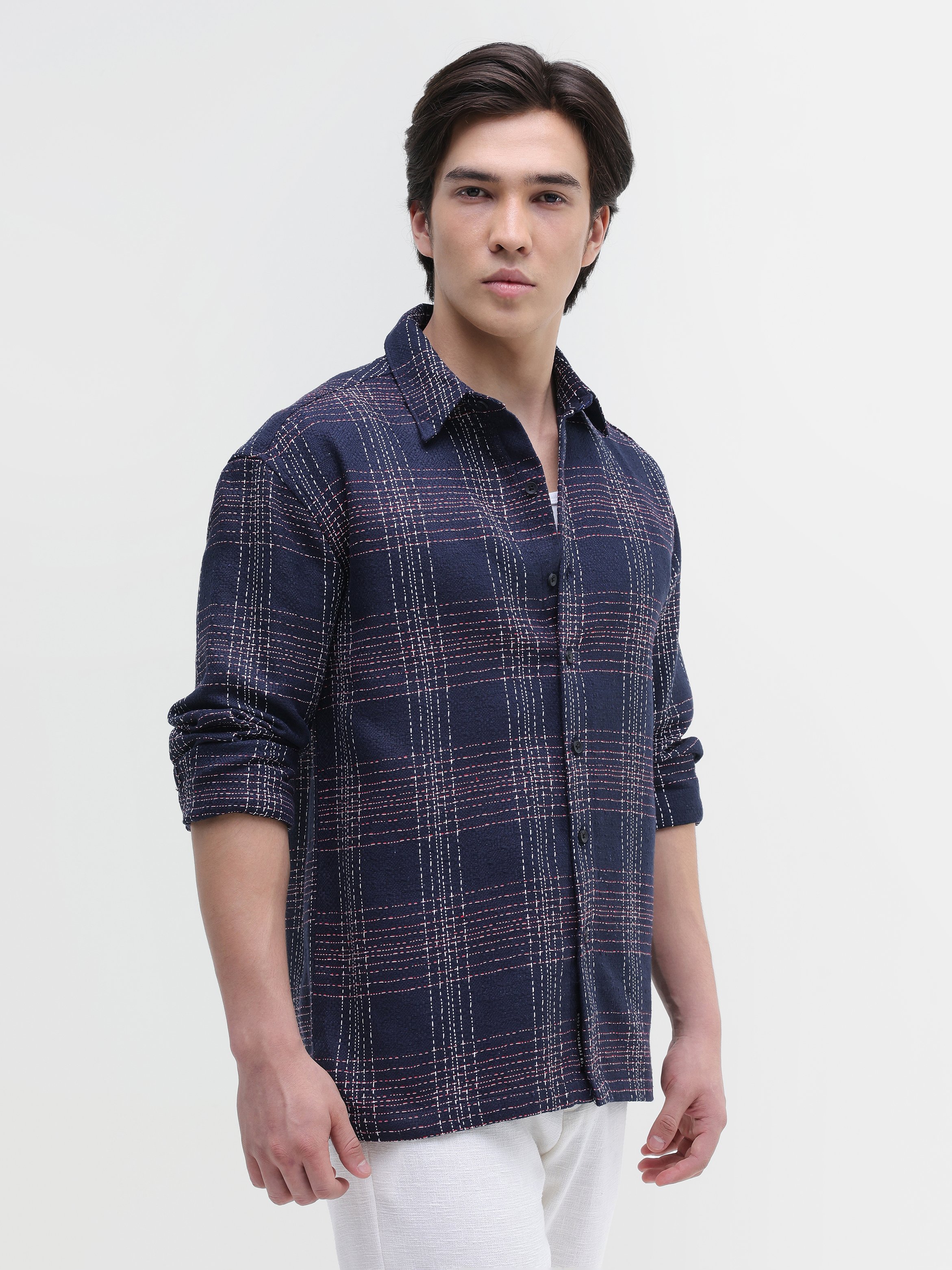 Navy Blue Checked Long Sleeves Regular Shirt