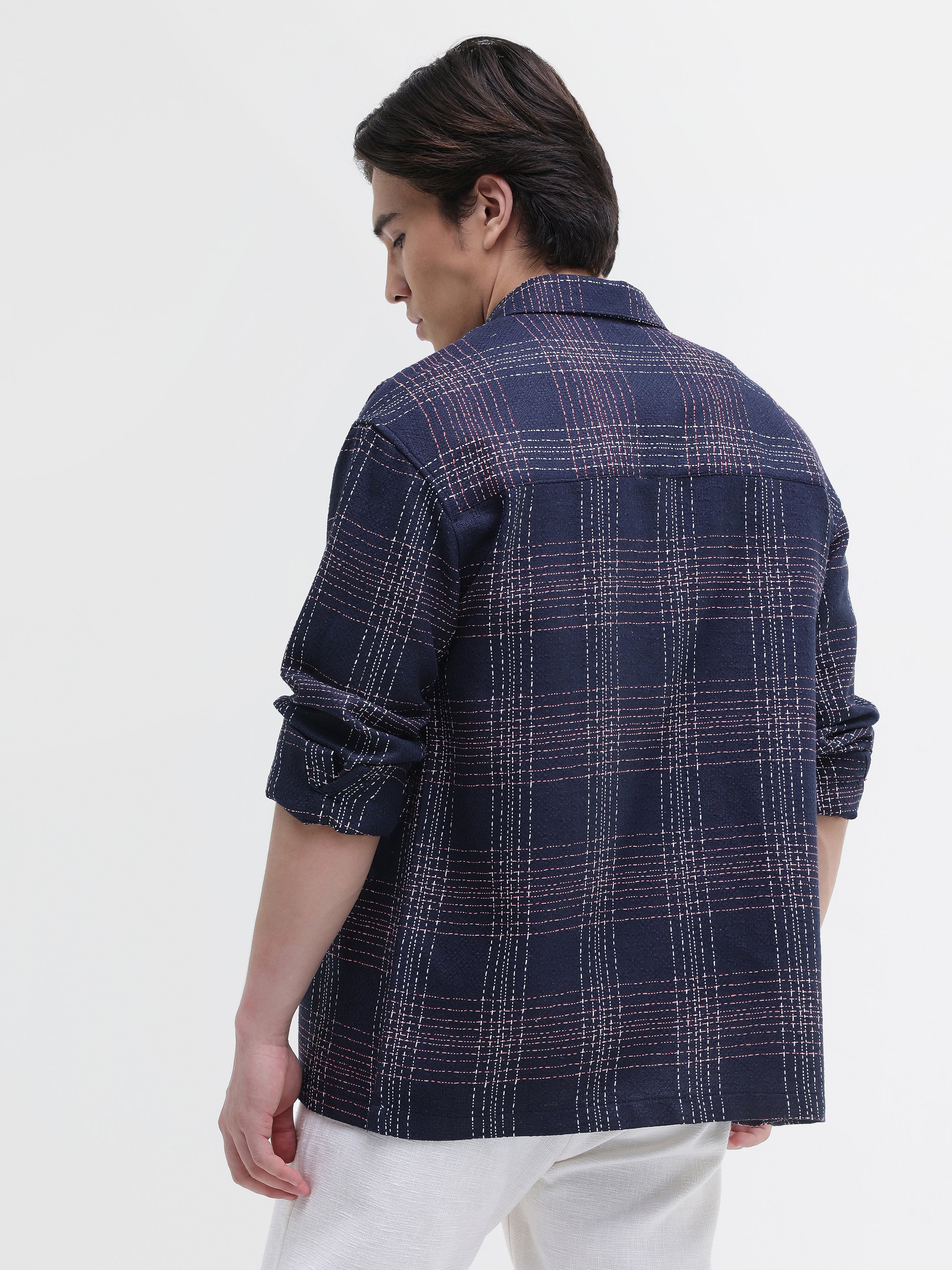 Navy Blue Checked Long Sleeves Regular Shirt