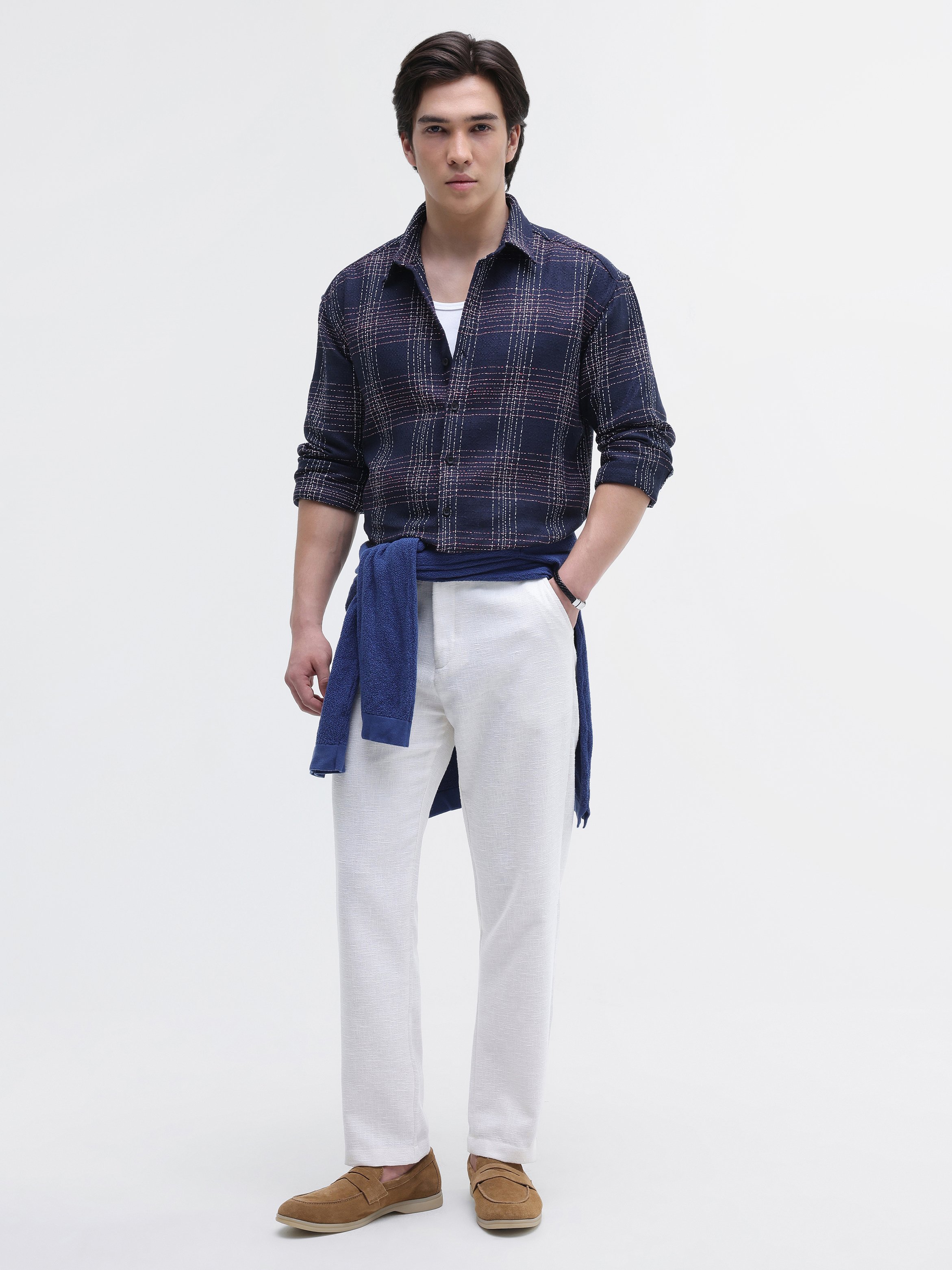 Navy Blue Checked Long Sleeves Regular Shirt