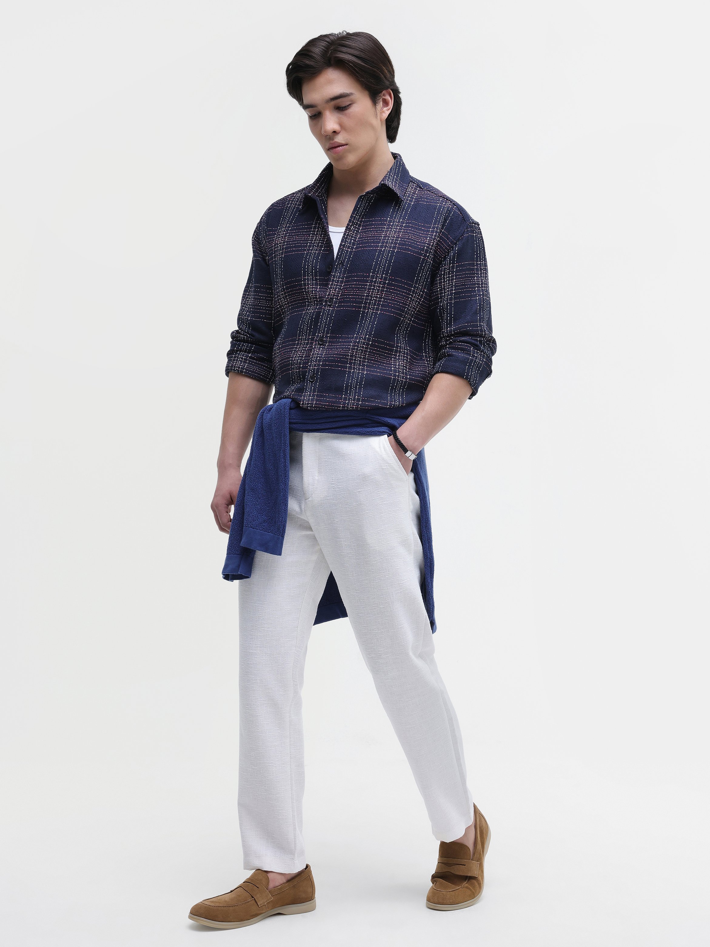 Navy Blue Checked Long Sleeves Regular Shirt