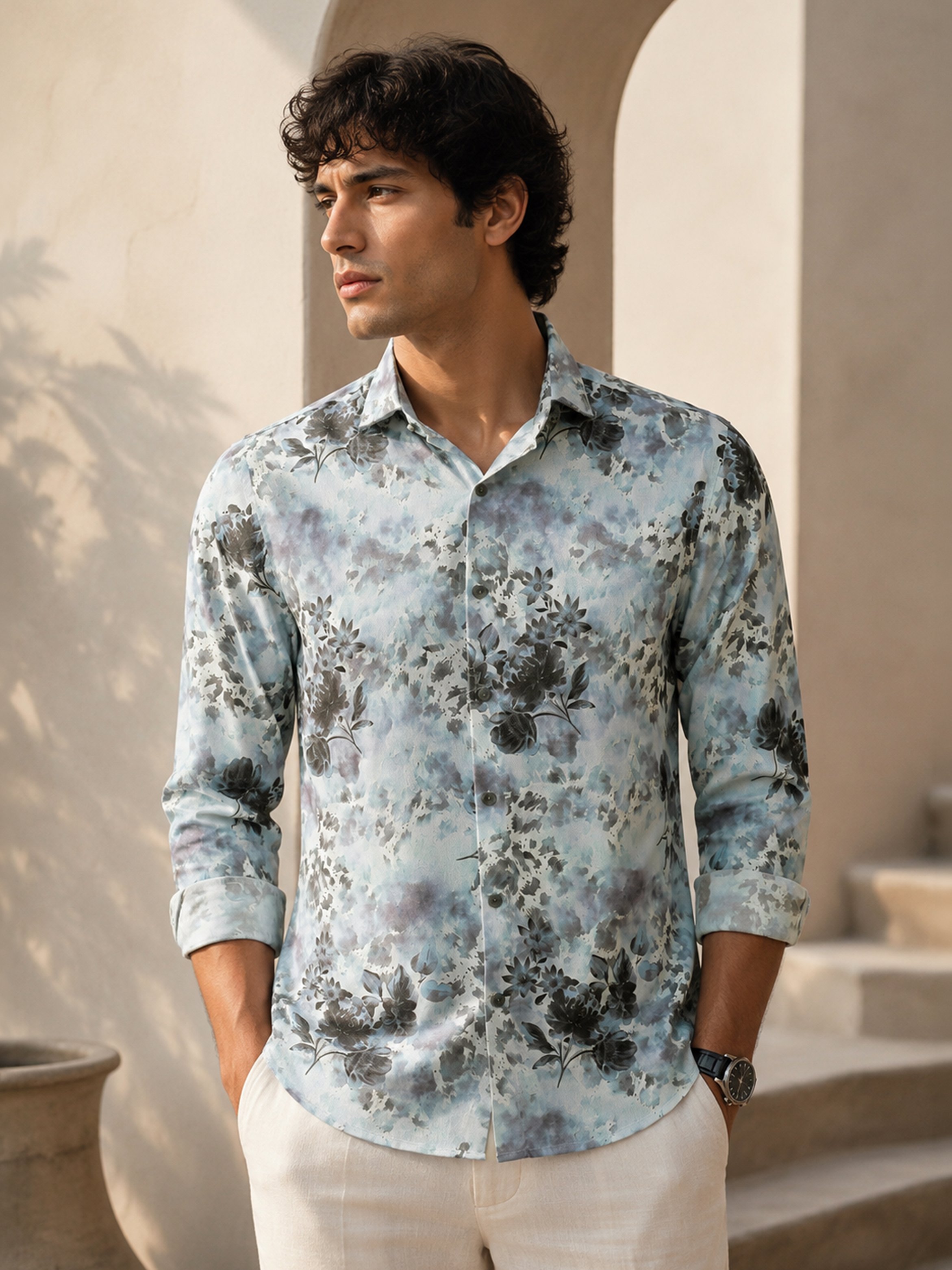 Light Blue Floral Long Sleeves Regular Shirt