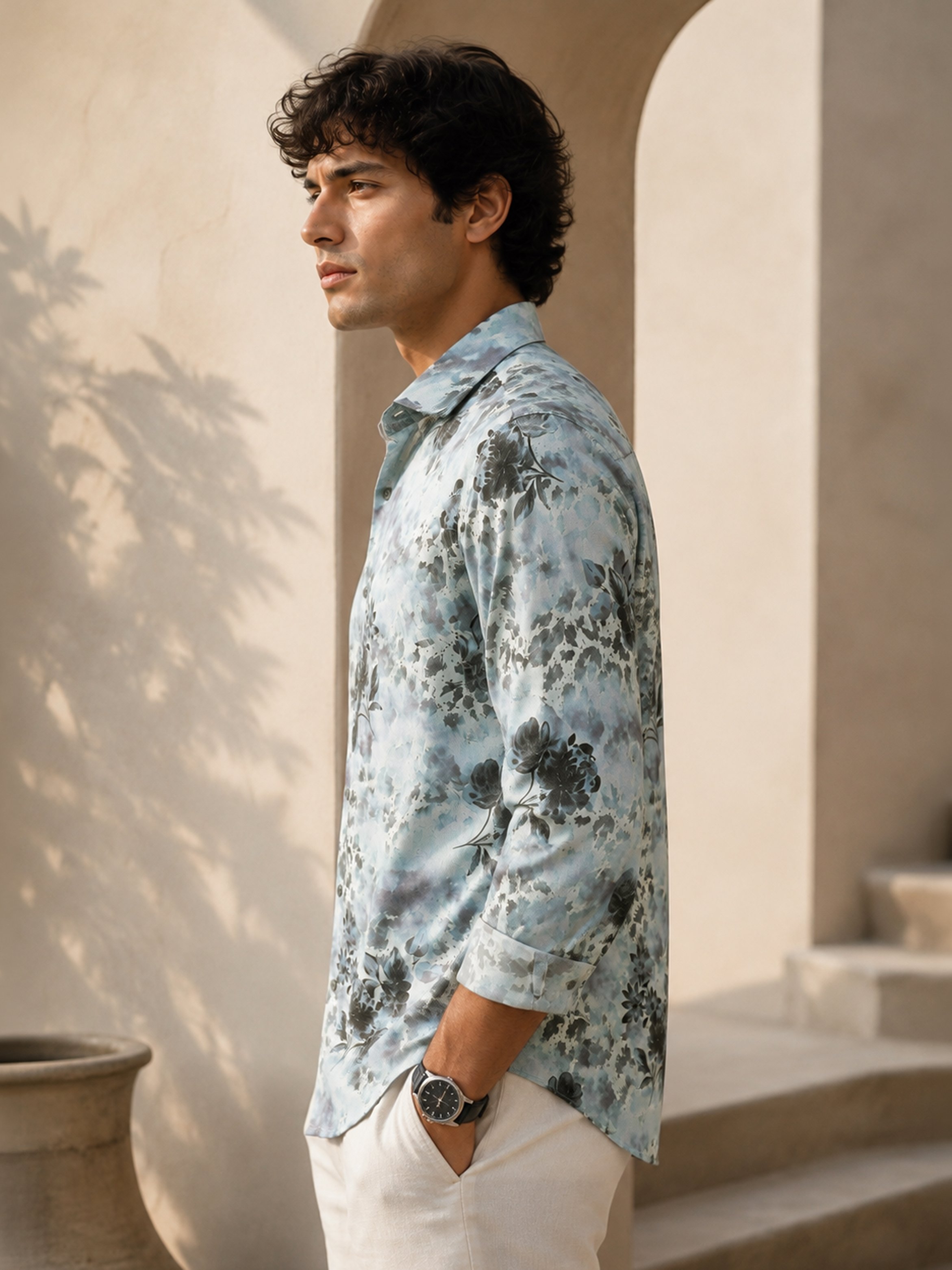 Light Blue Floral Long Sleeves Regular Shirt