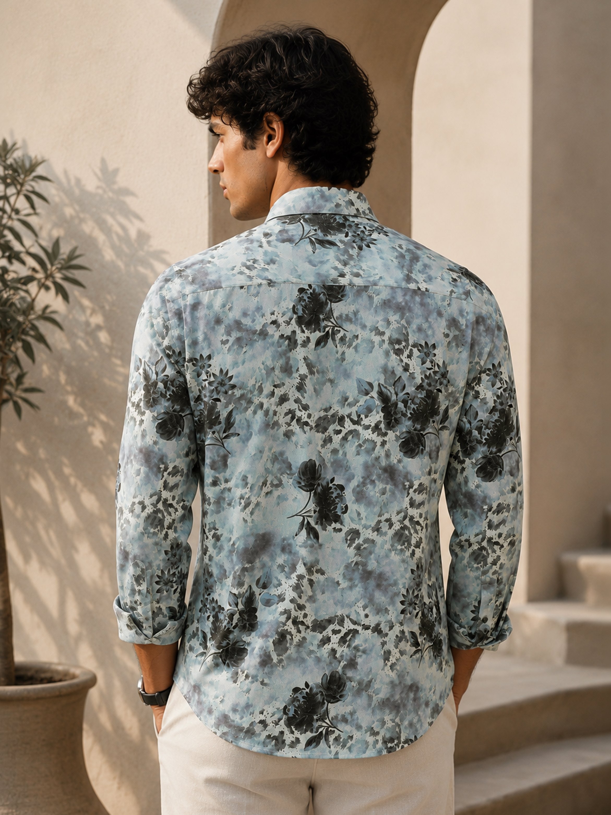 Light Blue Floral Long Sleeves Regular Shirt