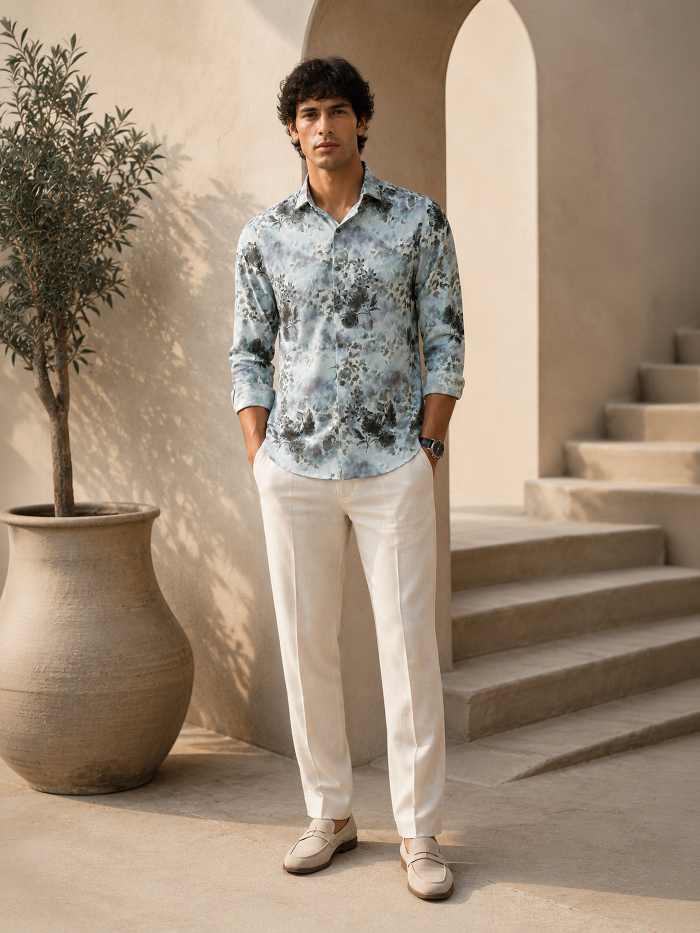 Light Blue Floral Long Sleeves Regular Shirt