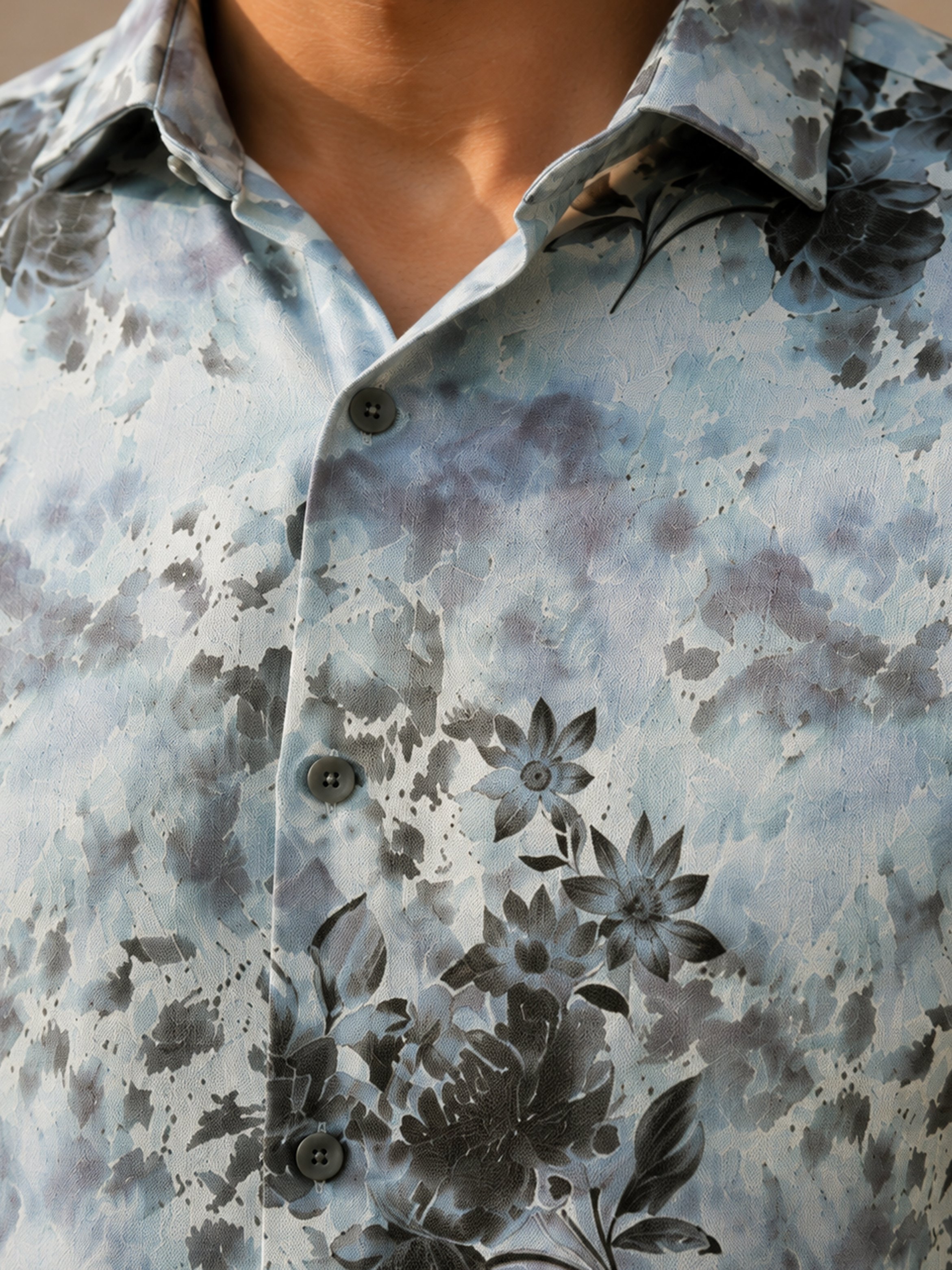 Light Blue Floral Long Sleeves Regular Shirt
