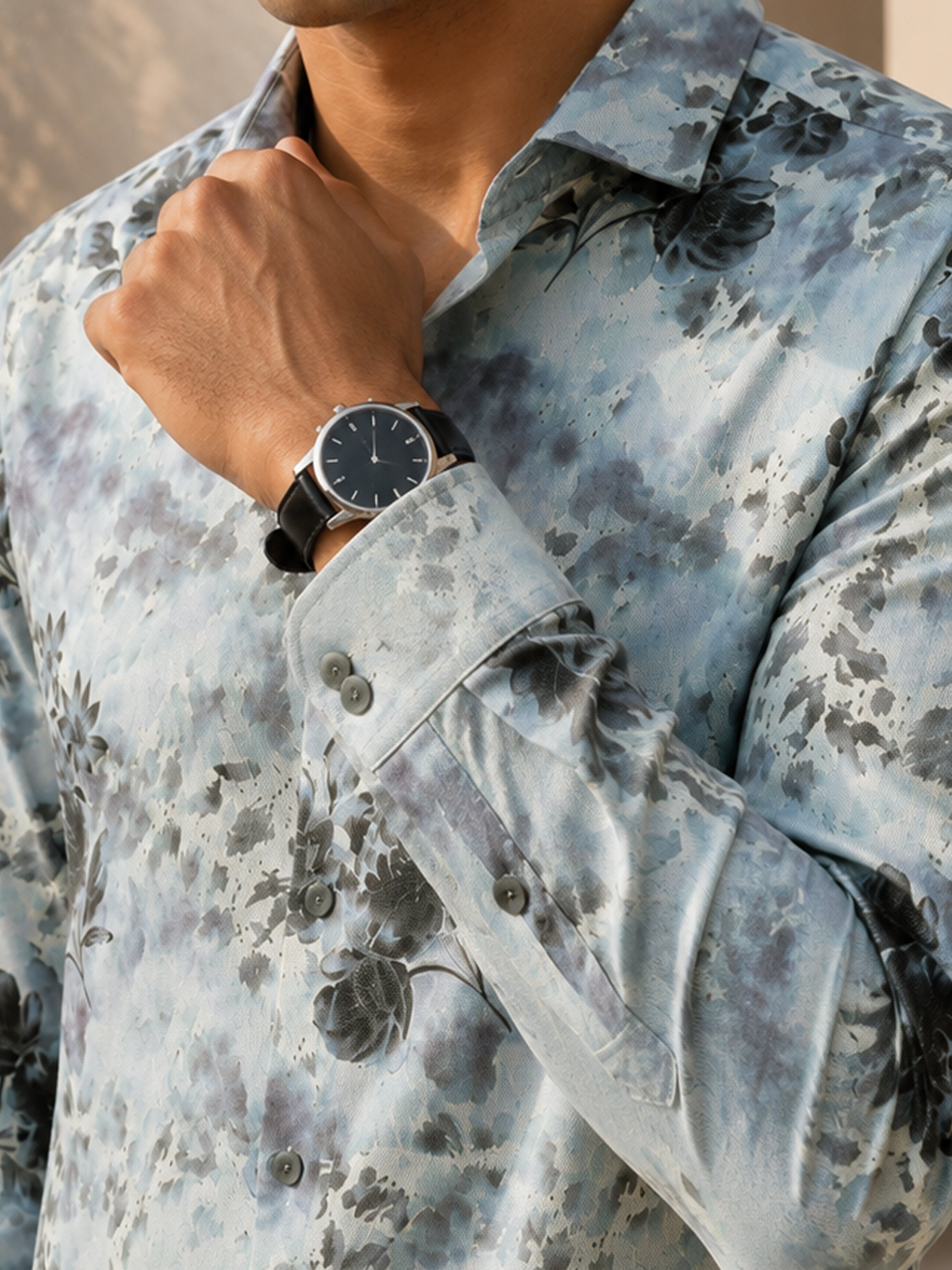 Light Blue Floral Long Sleeves Regular Shirt