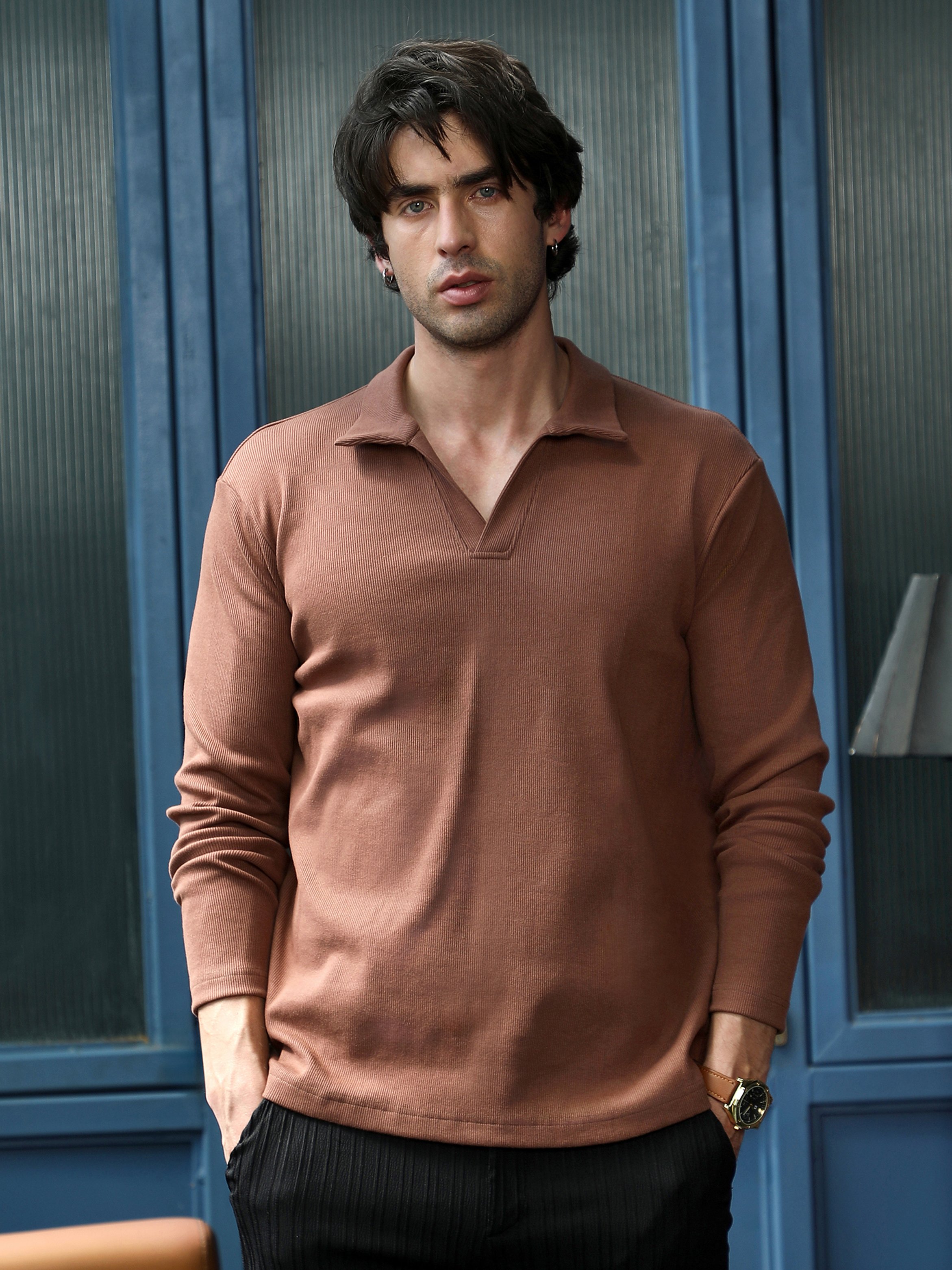 Brown Solid Polo Neck Relaxed T-Shirt