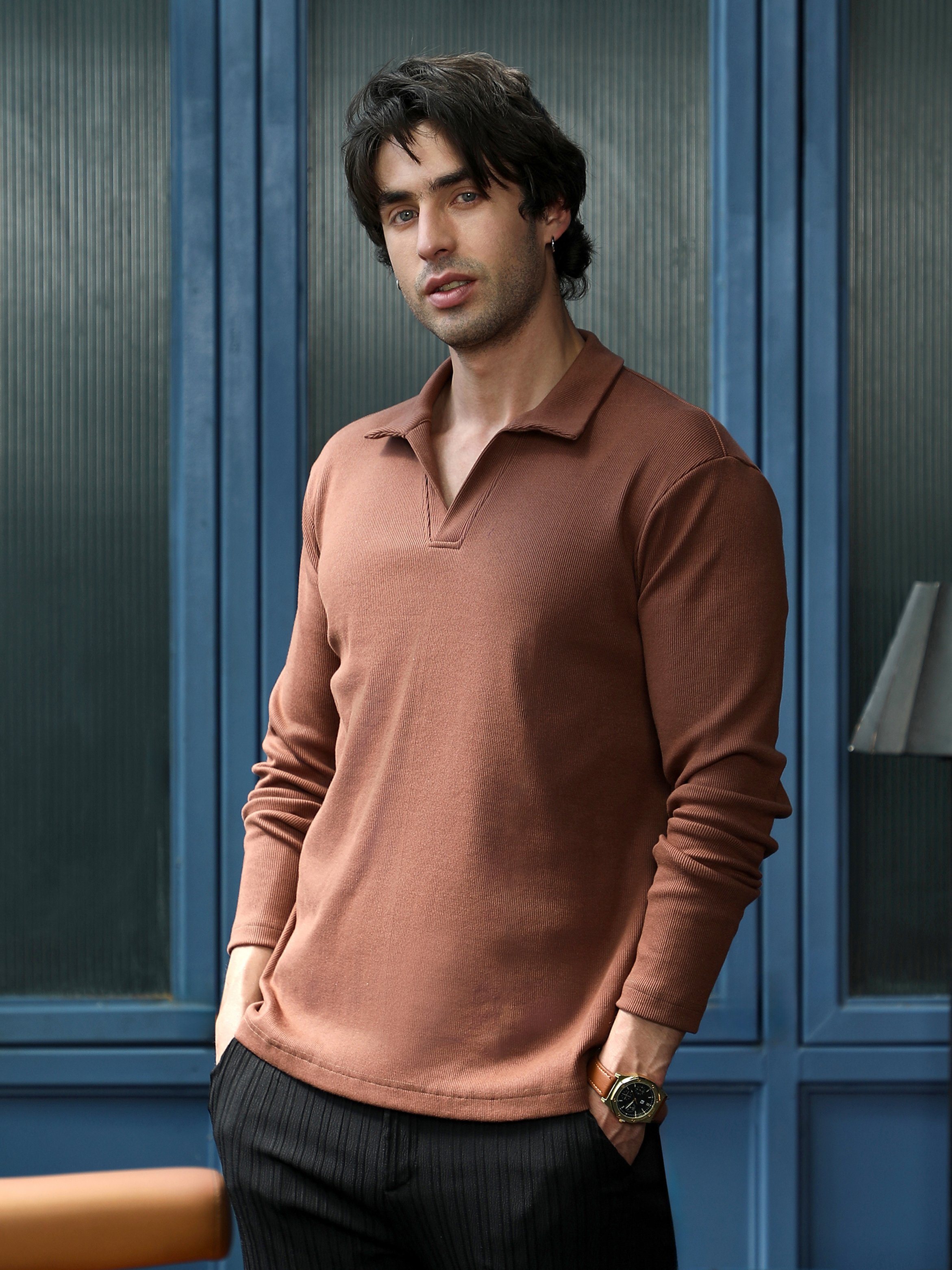 Brown Solid Polo Neck Relaxed T-Shirt
