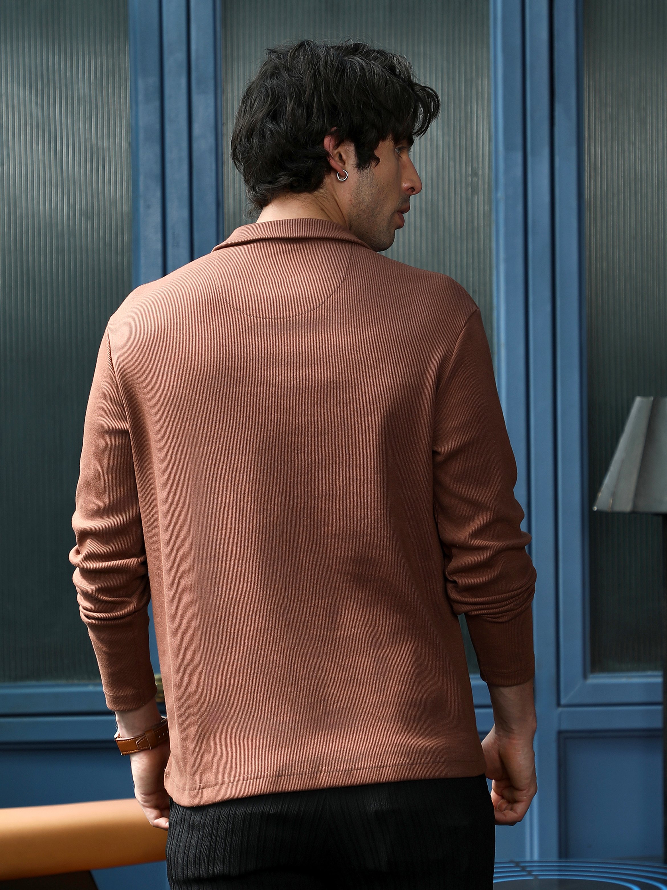 Brown Solid Polo Neck Relaxed T-Shirt