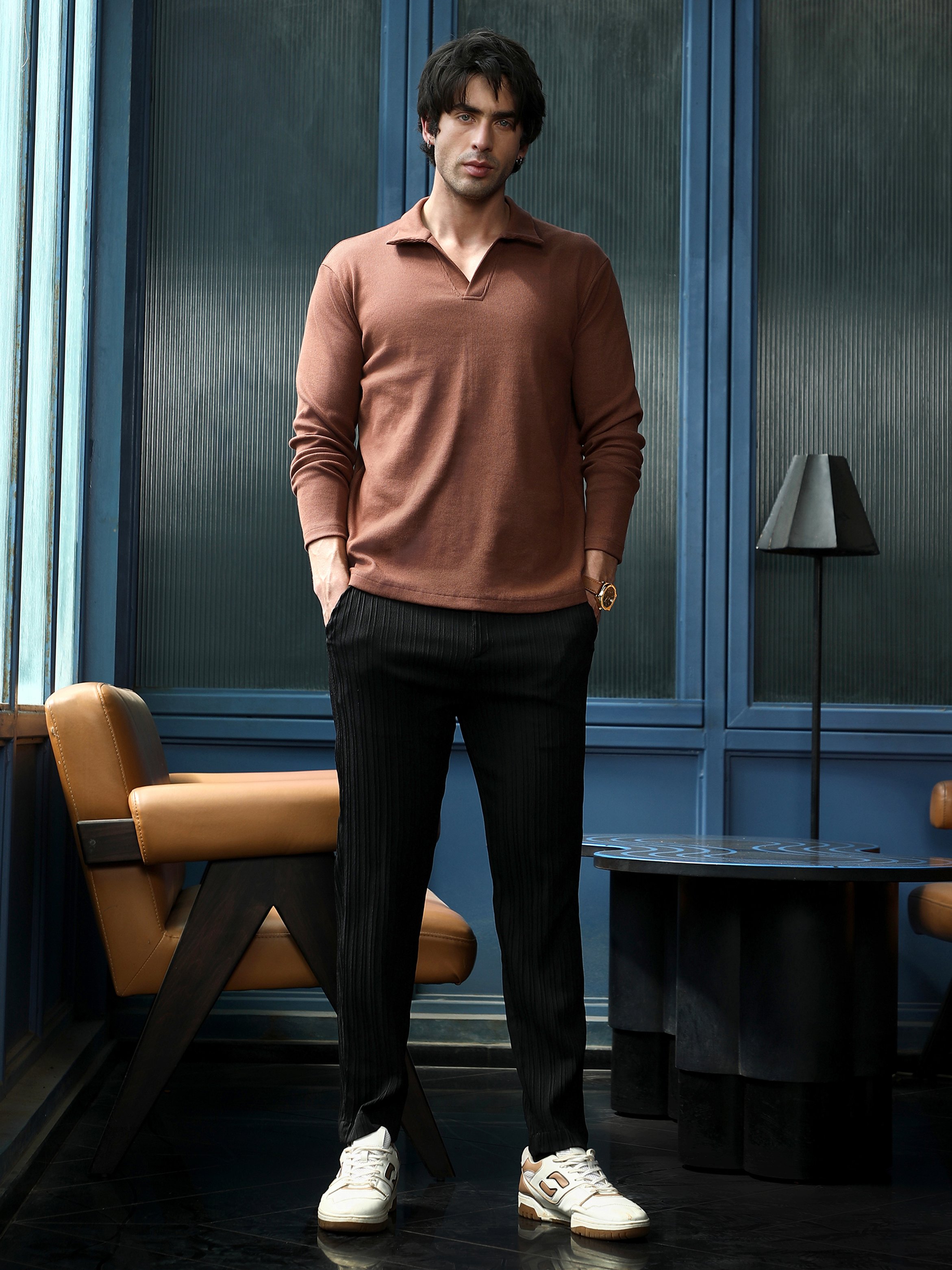 Brown Solid Polo Neck Relaxed T-Shirt