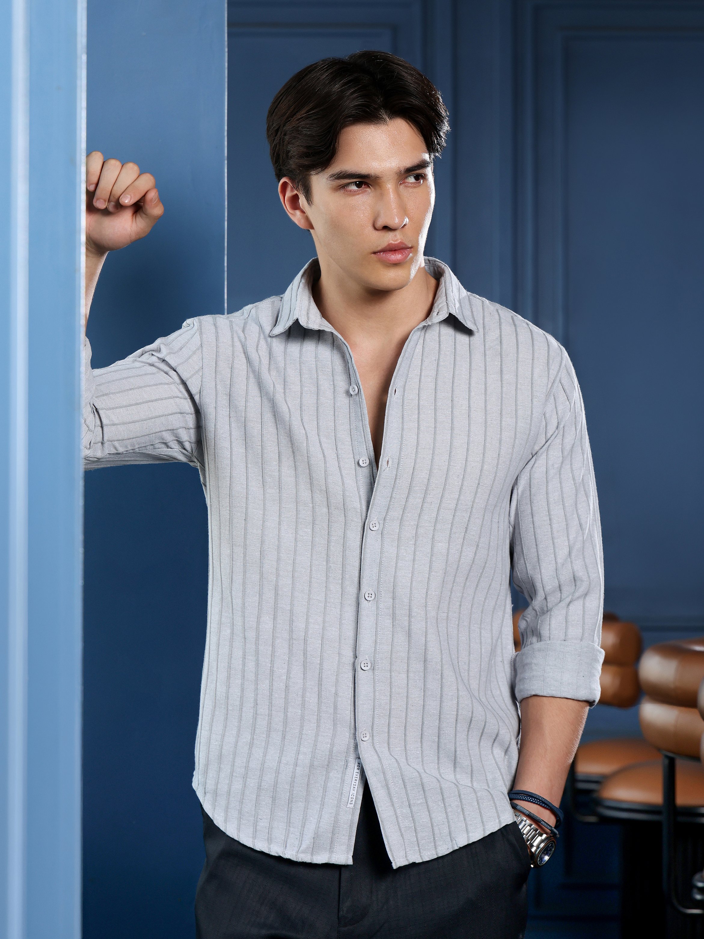 Grey Striped Long Sleeves Regular Shirt