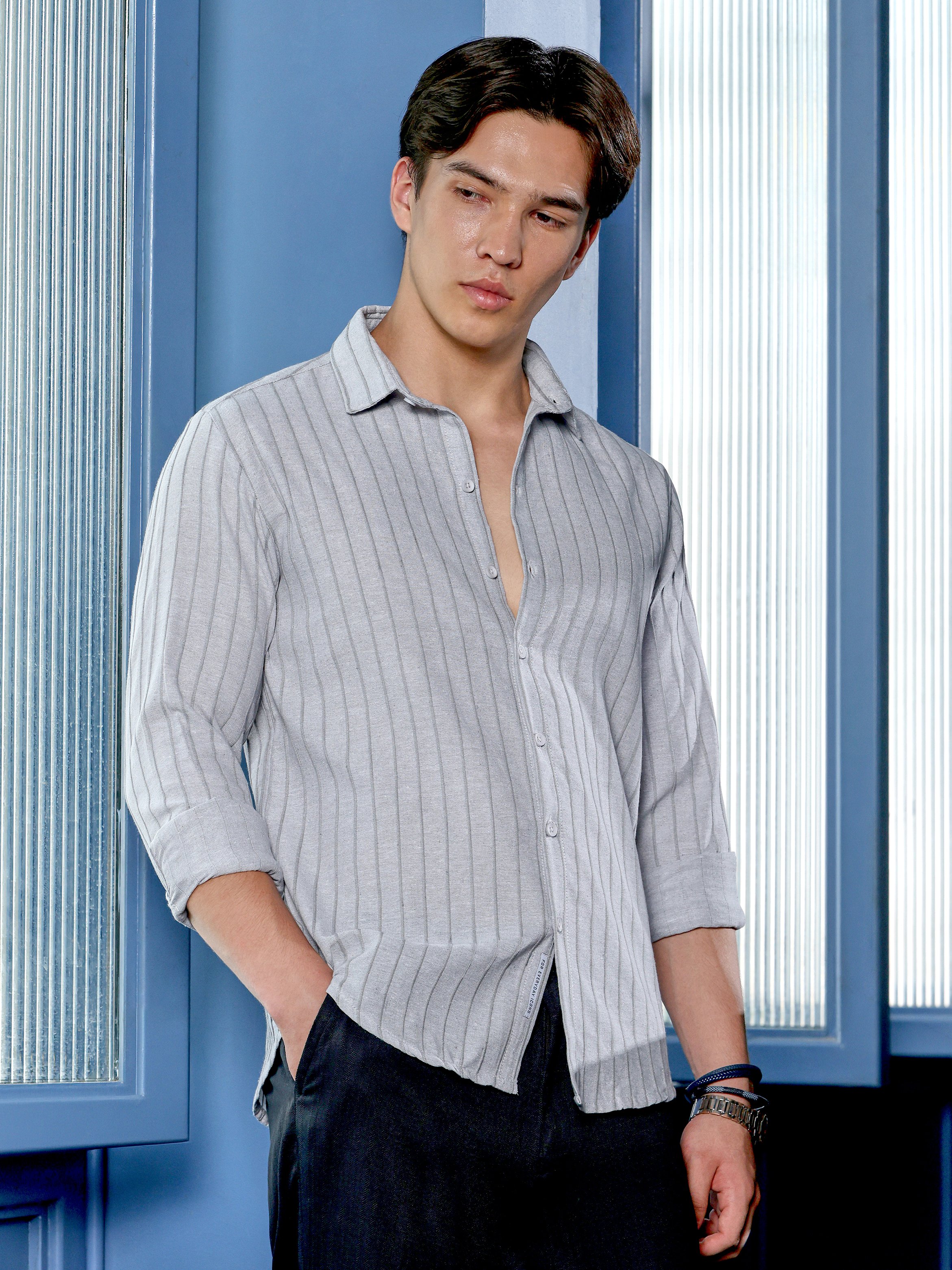 Grey Striped Long Sleeves Regular Shirt