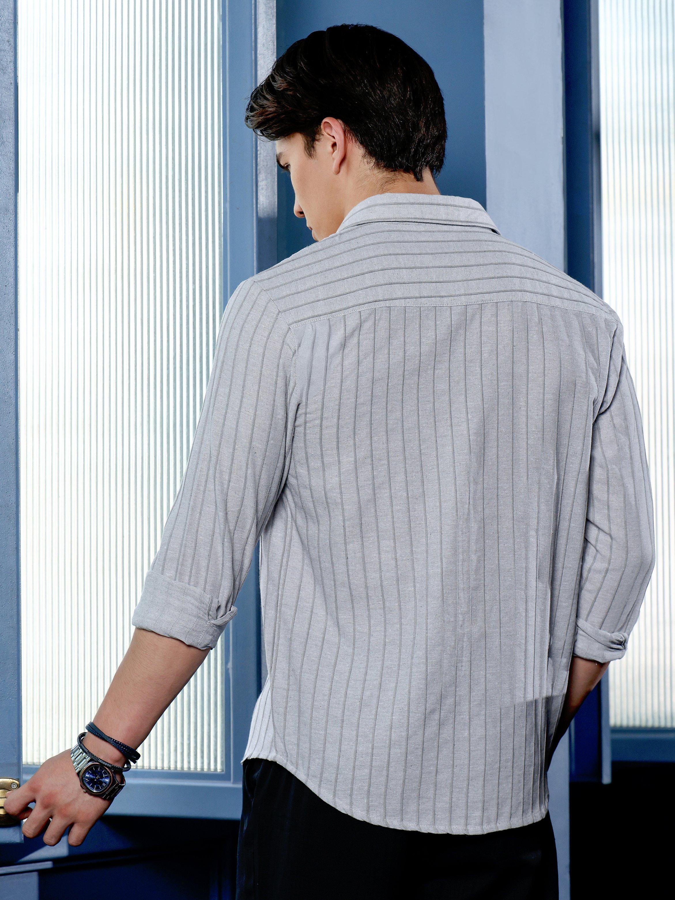 Grey Striped Long Sleeves Regular Shirt