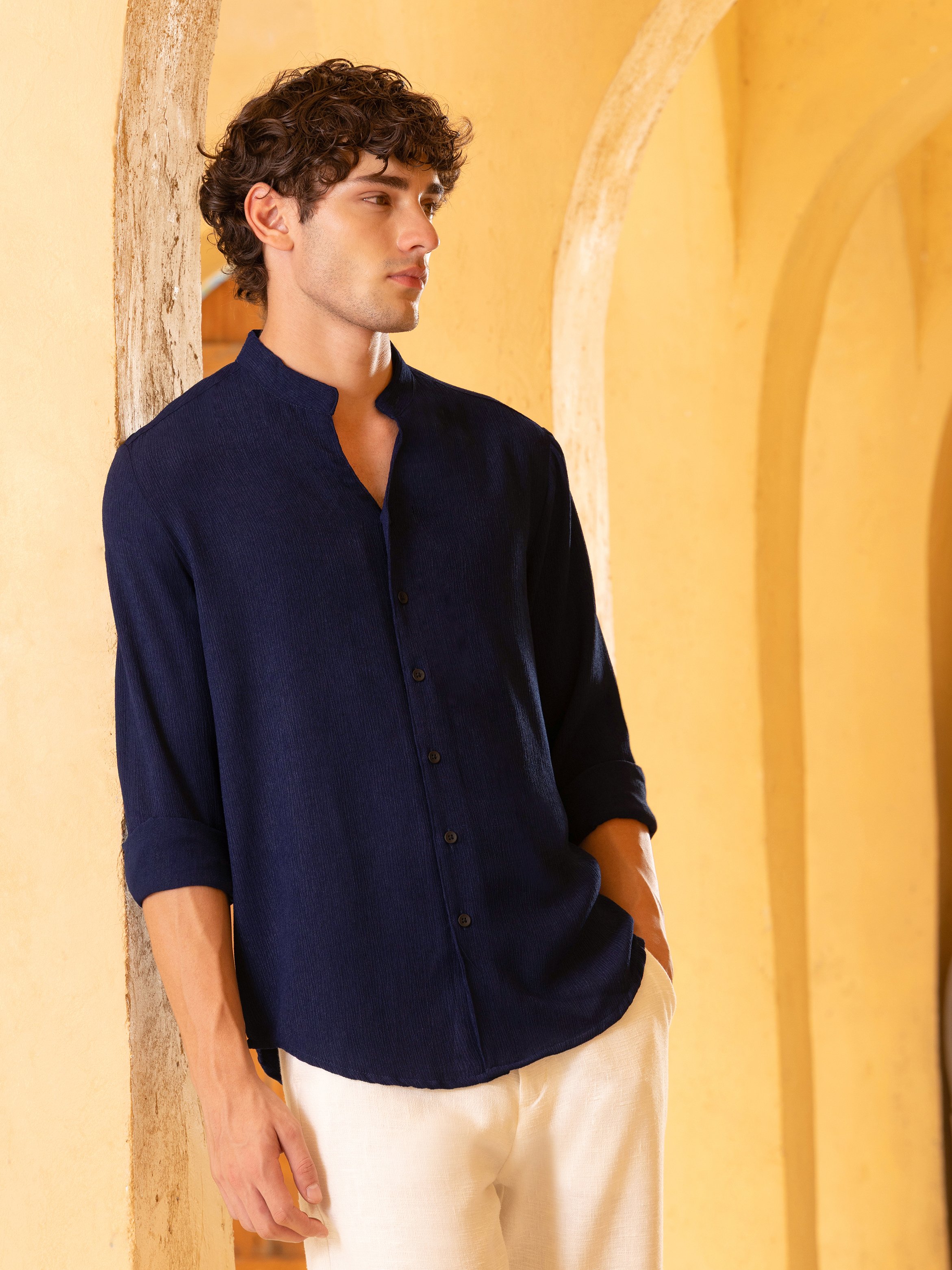 Navy Blue Texture 3/4 Sleeves Regular Shirt