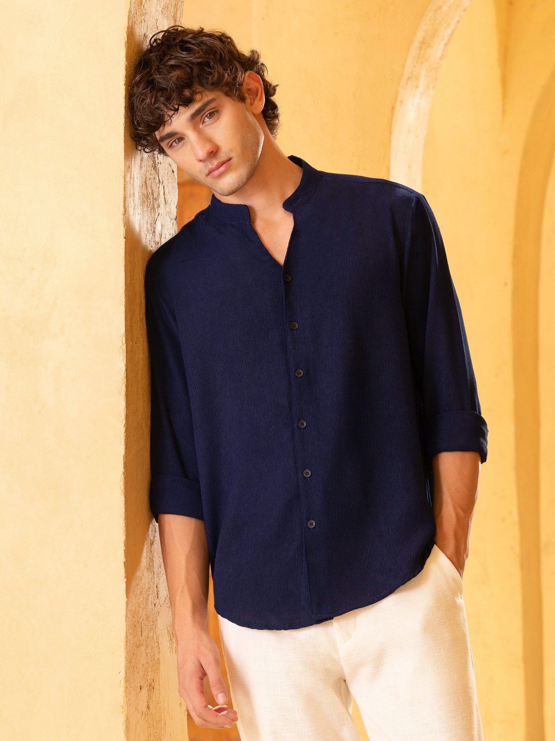Navy Blue Texture 3/4 Sleeves Regular Shirt