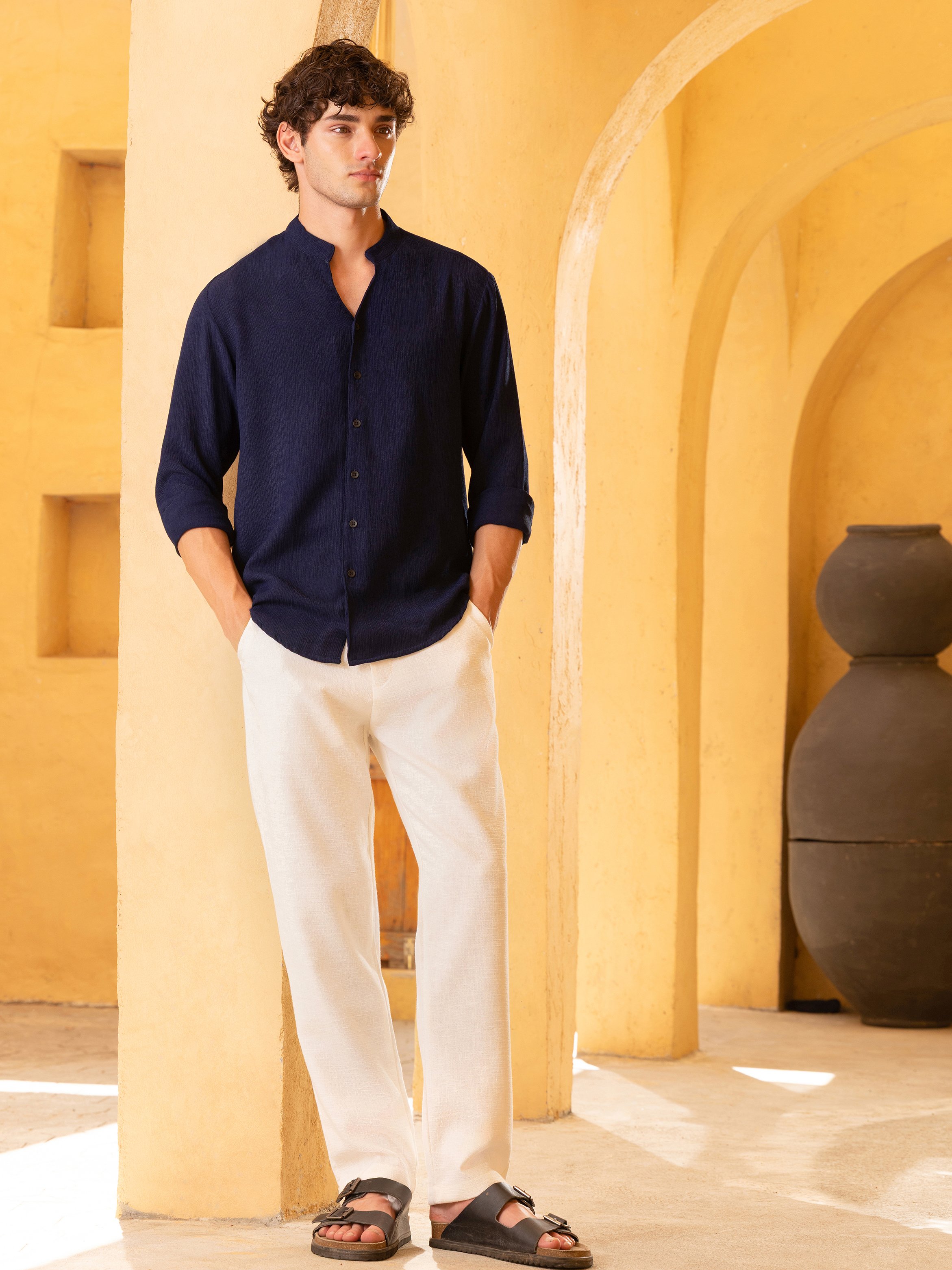 Navy Blue Texture 3/4 Sleeves Regular Shirt