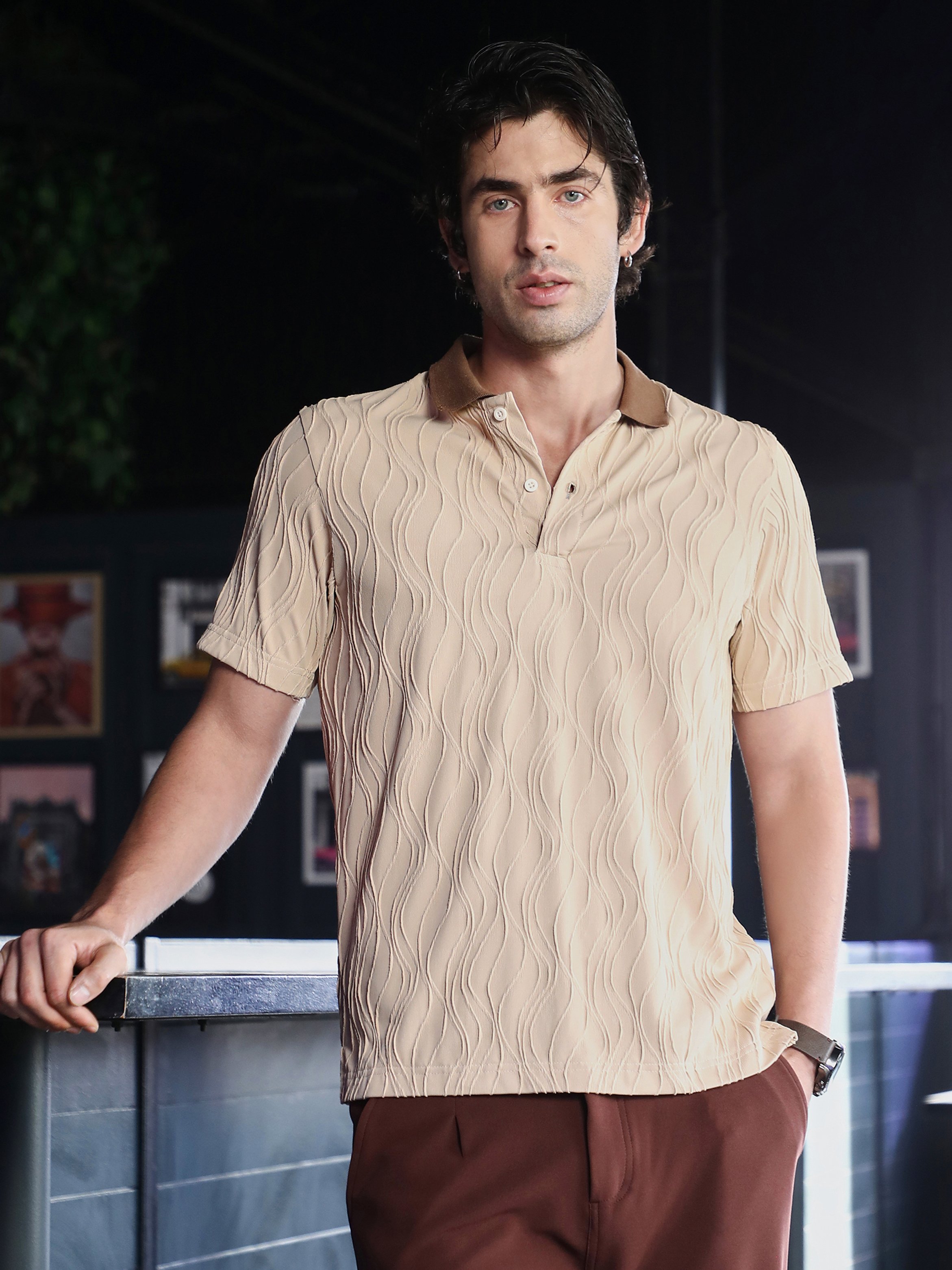 Beige Textured Collared Regular T-Shirt
