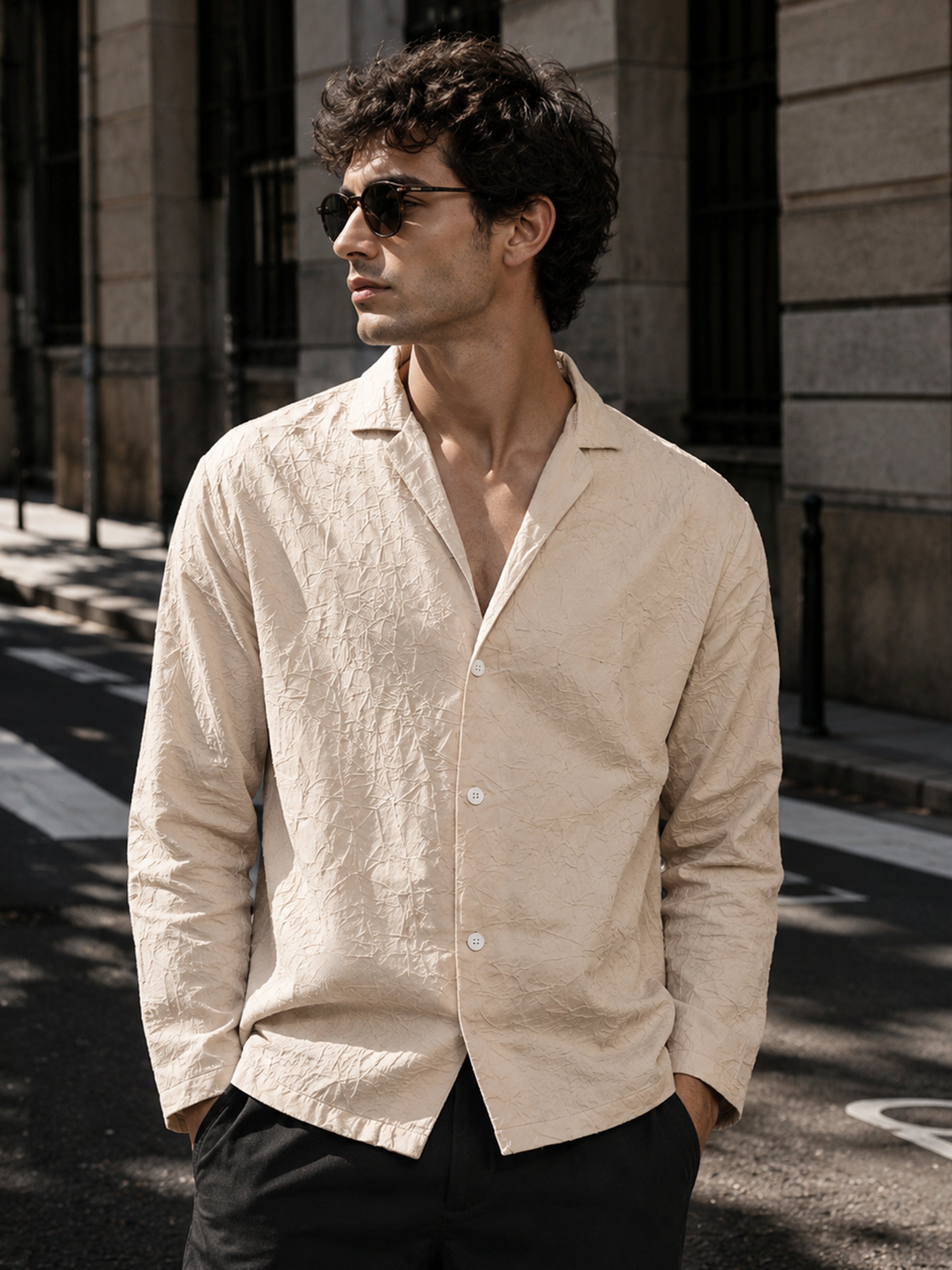 Beige Texture Long Sleeves Regular Shirt