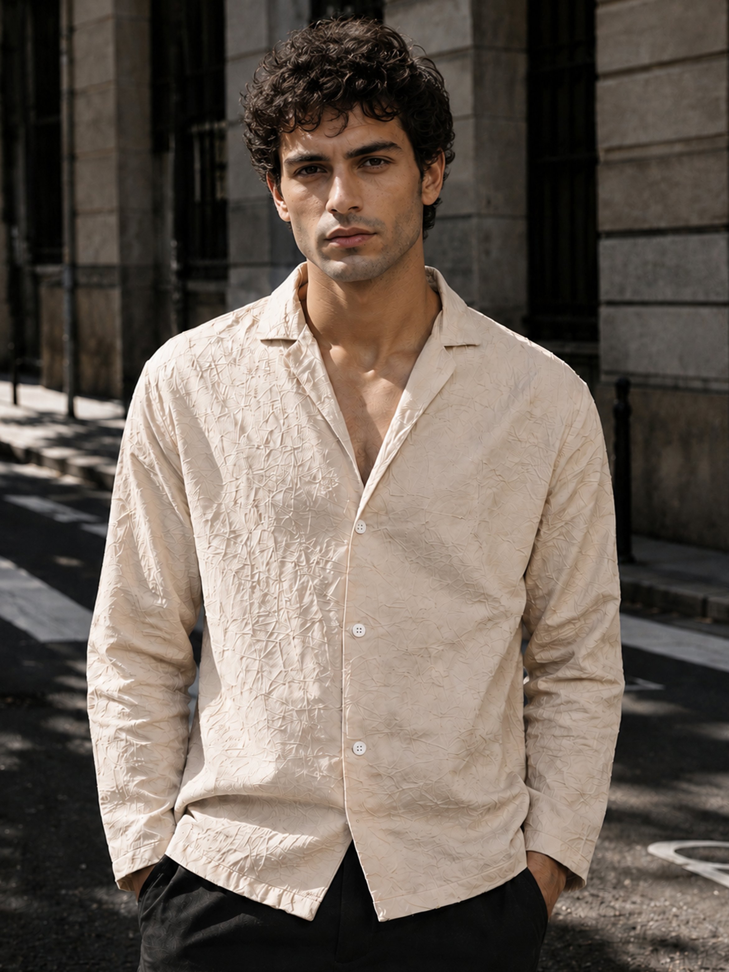 Beige Texture Long Sleeves Regular Shirt