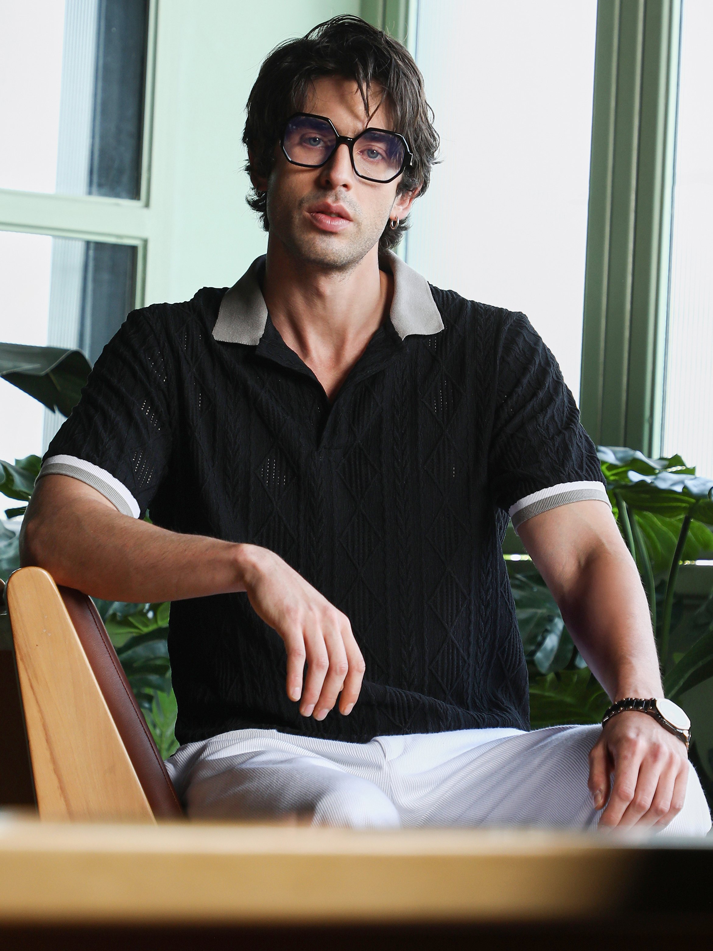 Black Texture Polo Neck Regular T-Shirt
