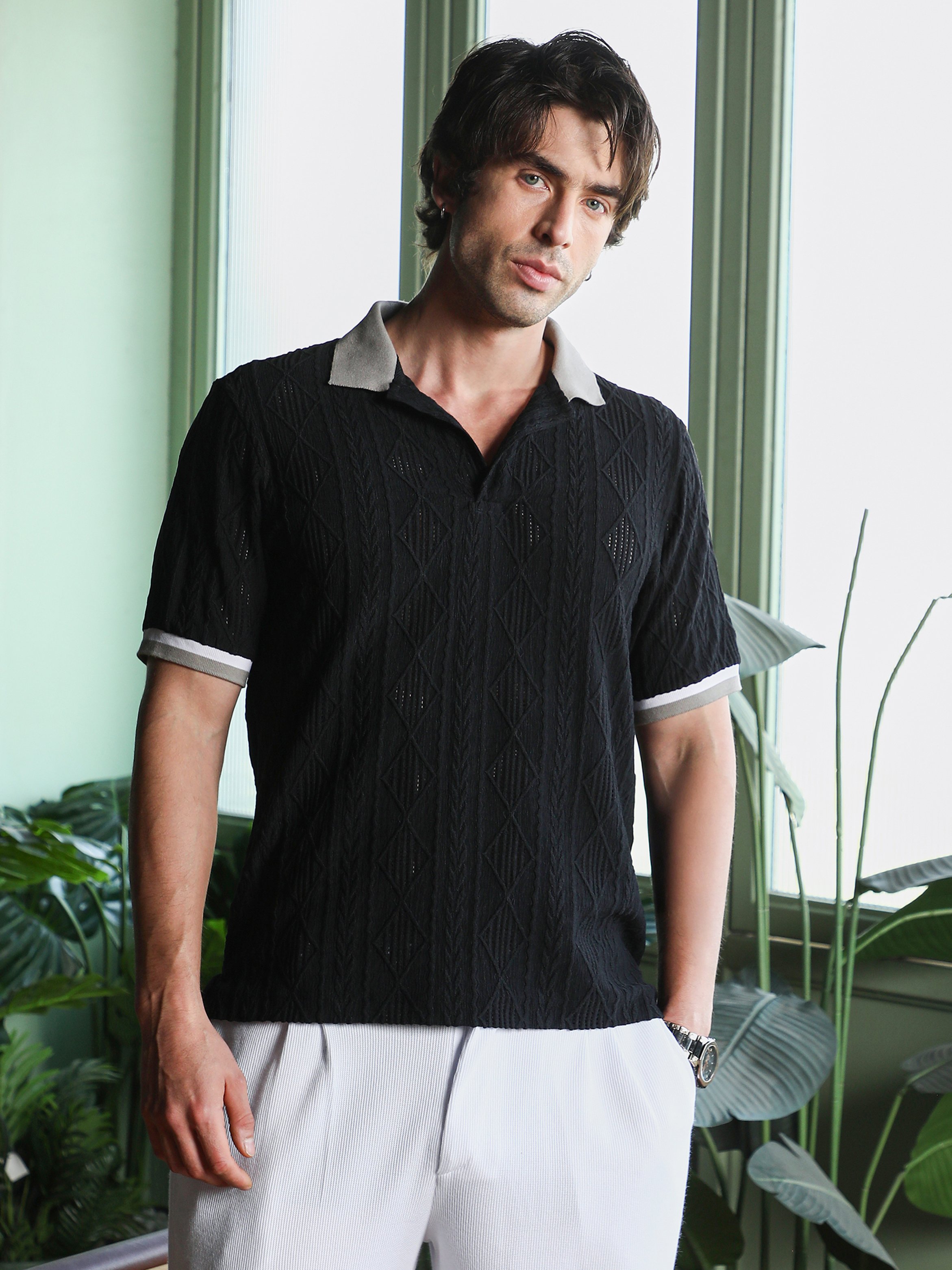 Black Texture Polo Neck Regular T-Shirt