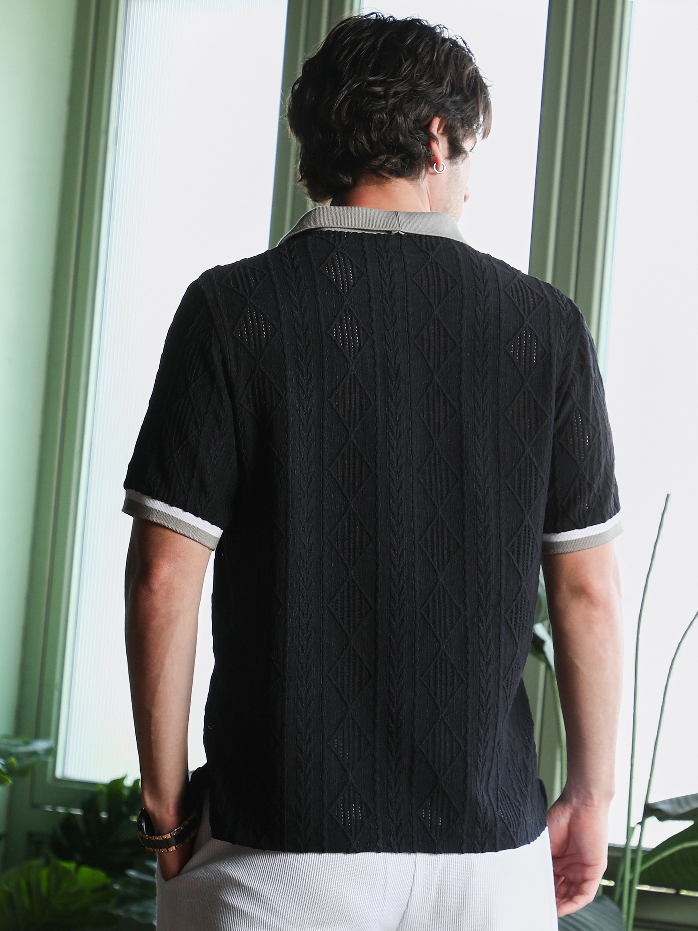 Black Texture Polo Neck Regular T-Shirt