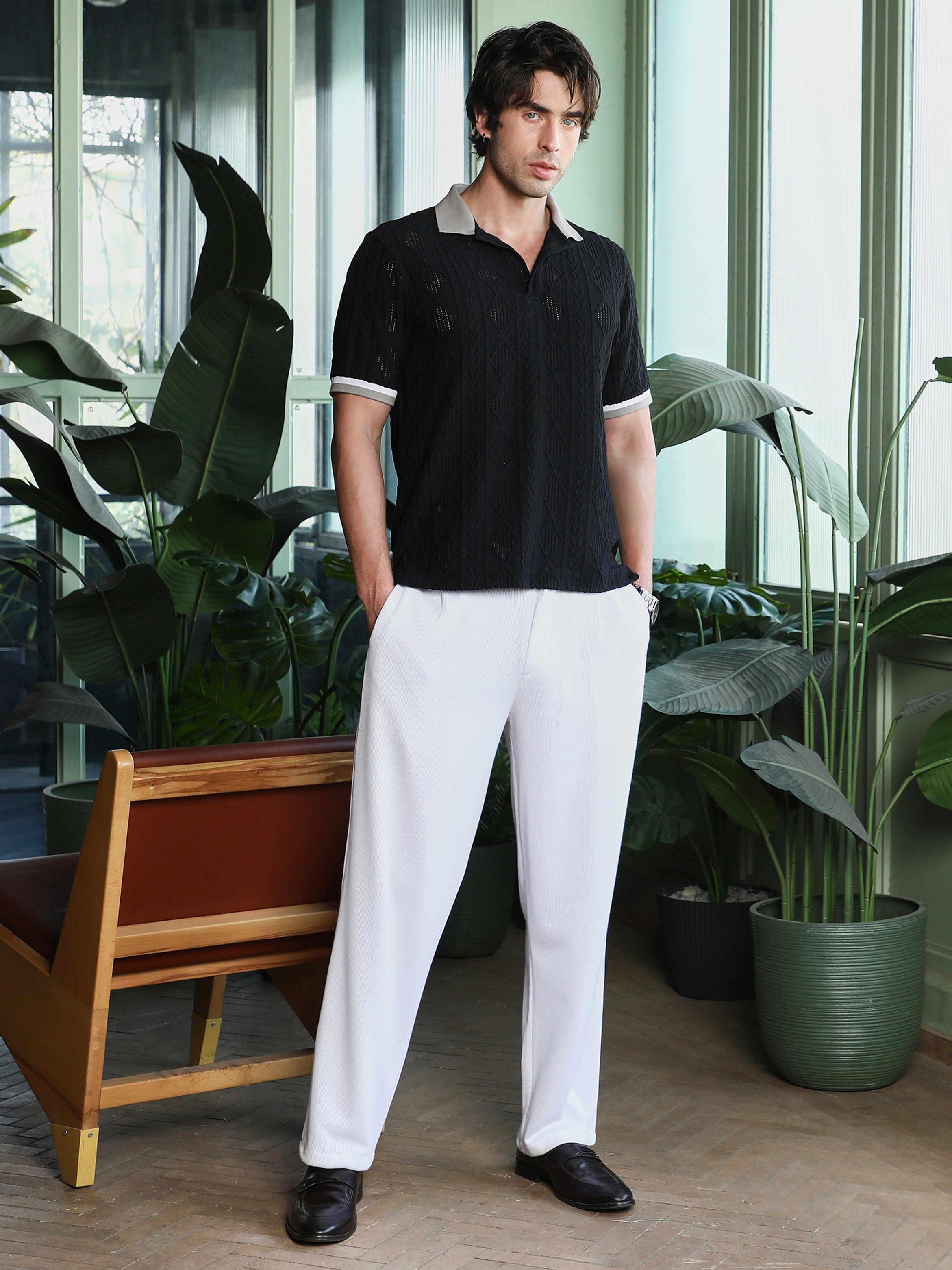 Black Texture Polo Neck Regular T-Shirt