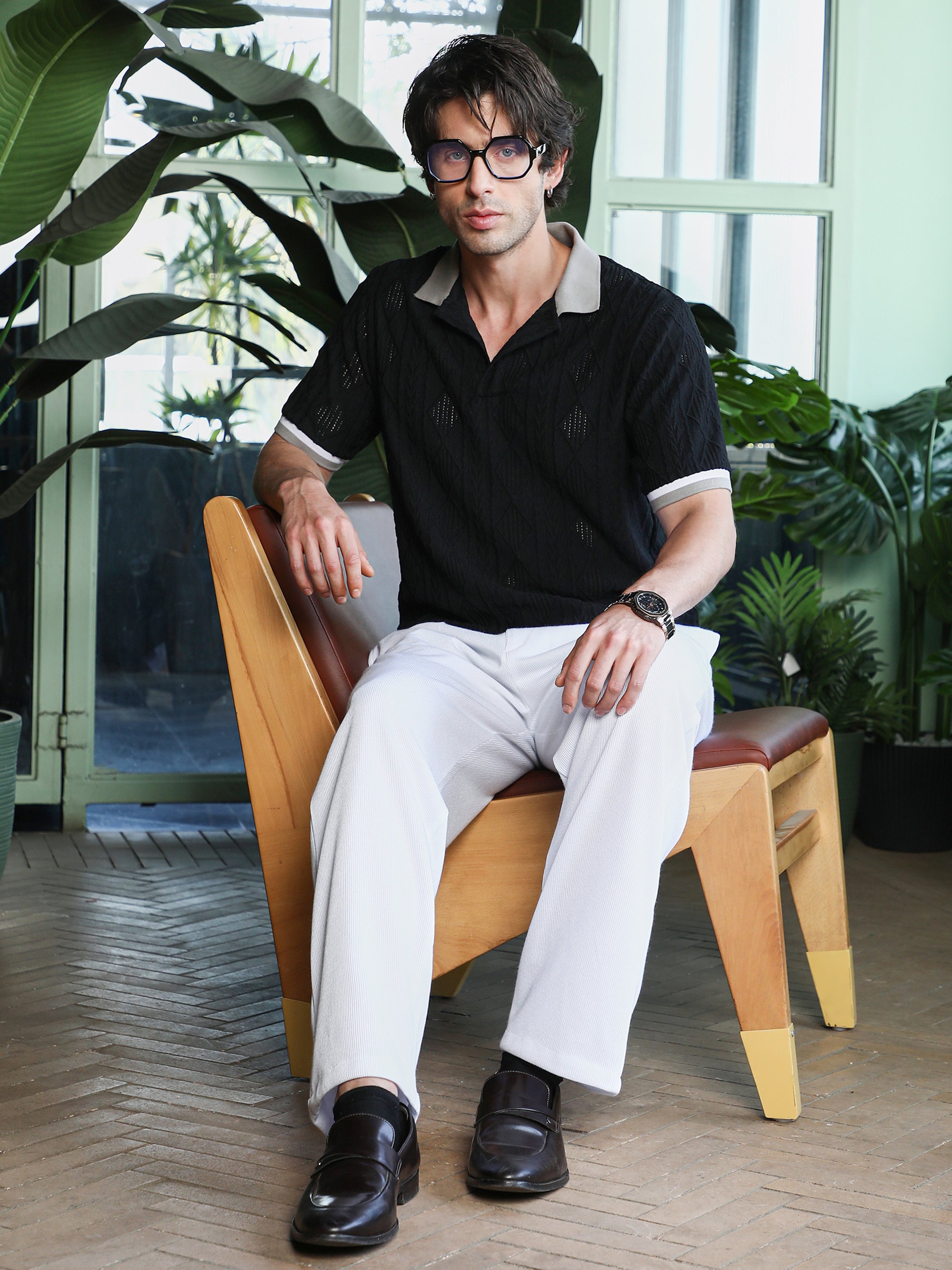 Black Texture Polo Neck Regular T-Shirt